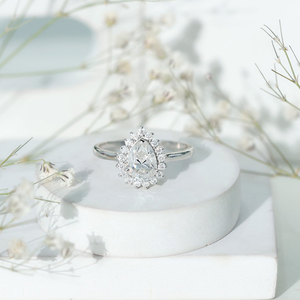 1.4 Carat Cubic Zirconia Teardrop Halo Engagement Ring