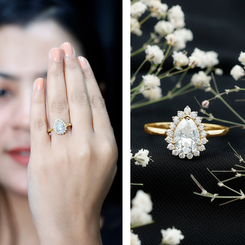 1.4 Carat Cubic Zirconia Teardrop Halo Engagement Ring