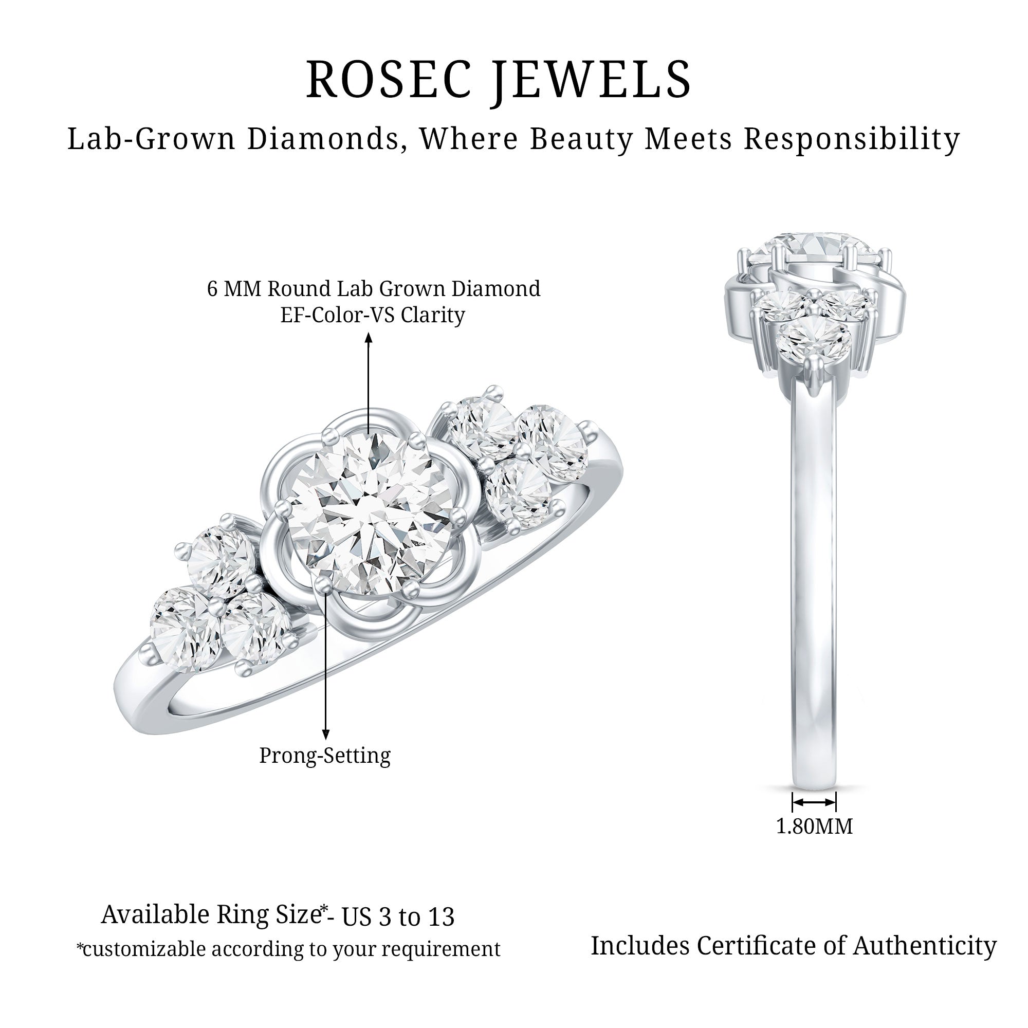 Certified 6 MM Lab Grown Diamond Engagement Ring