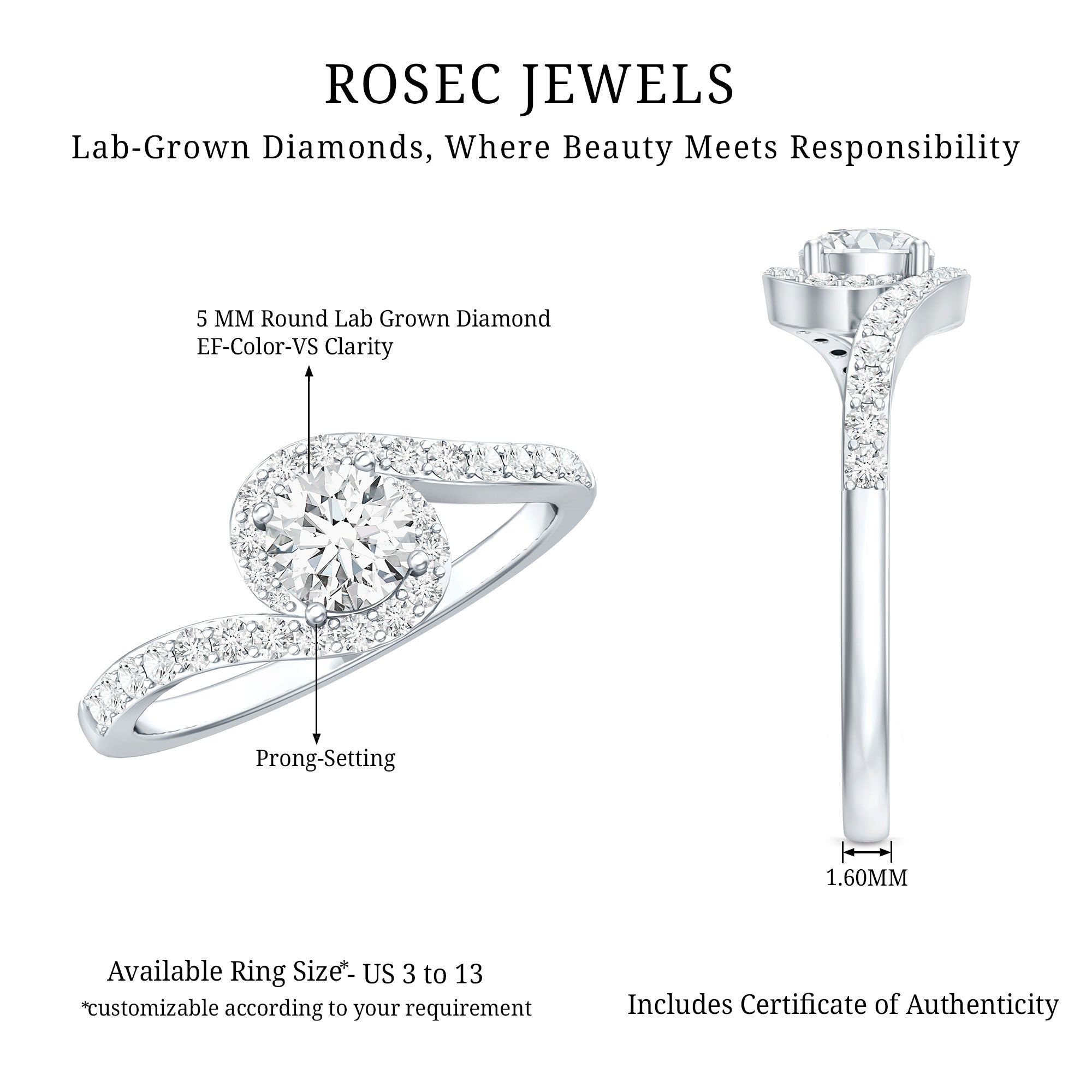 Certified 5 MM Lab Grown Diamond Bypass Engagement Ring