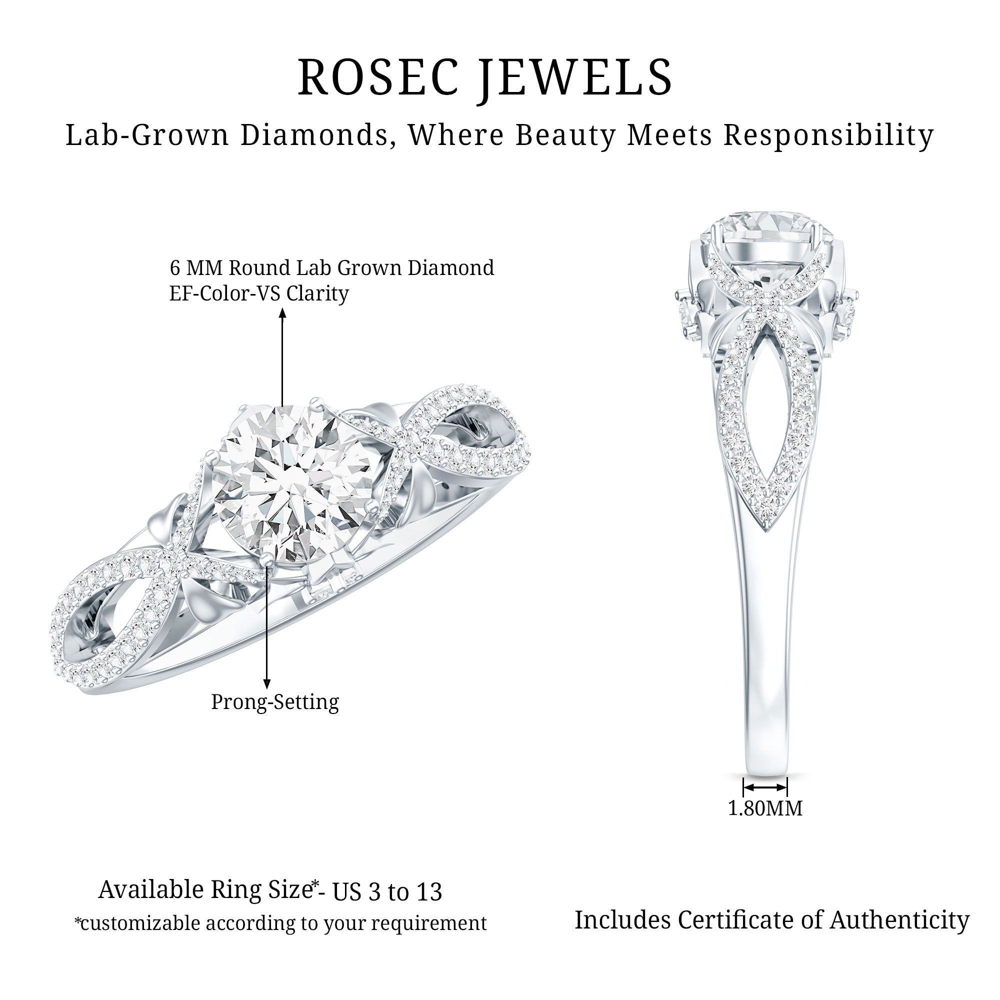 Certified 0.9 Carat Lab Grown Diamond Crossover Engagement Ring