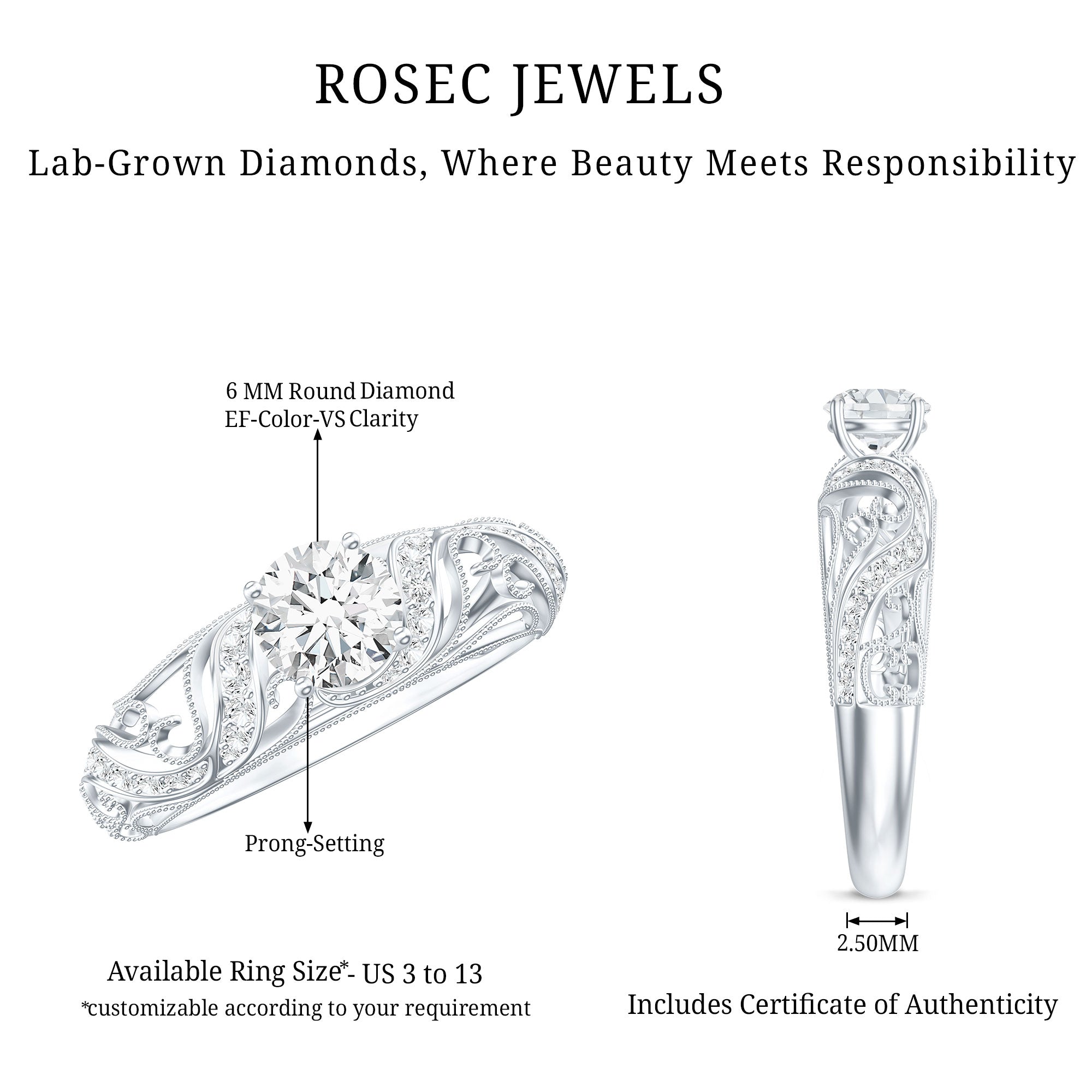 Certified 6 MM Lab Grown Diamond Designer Engagement Ring