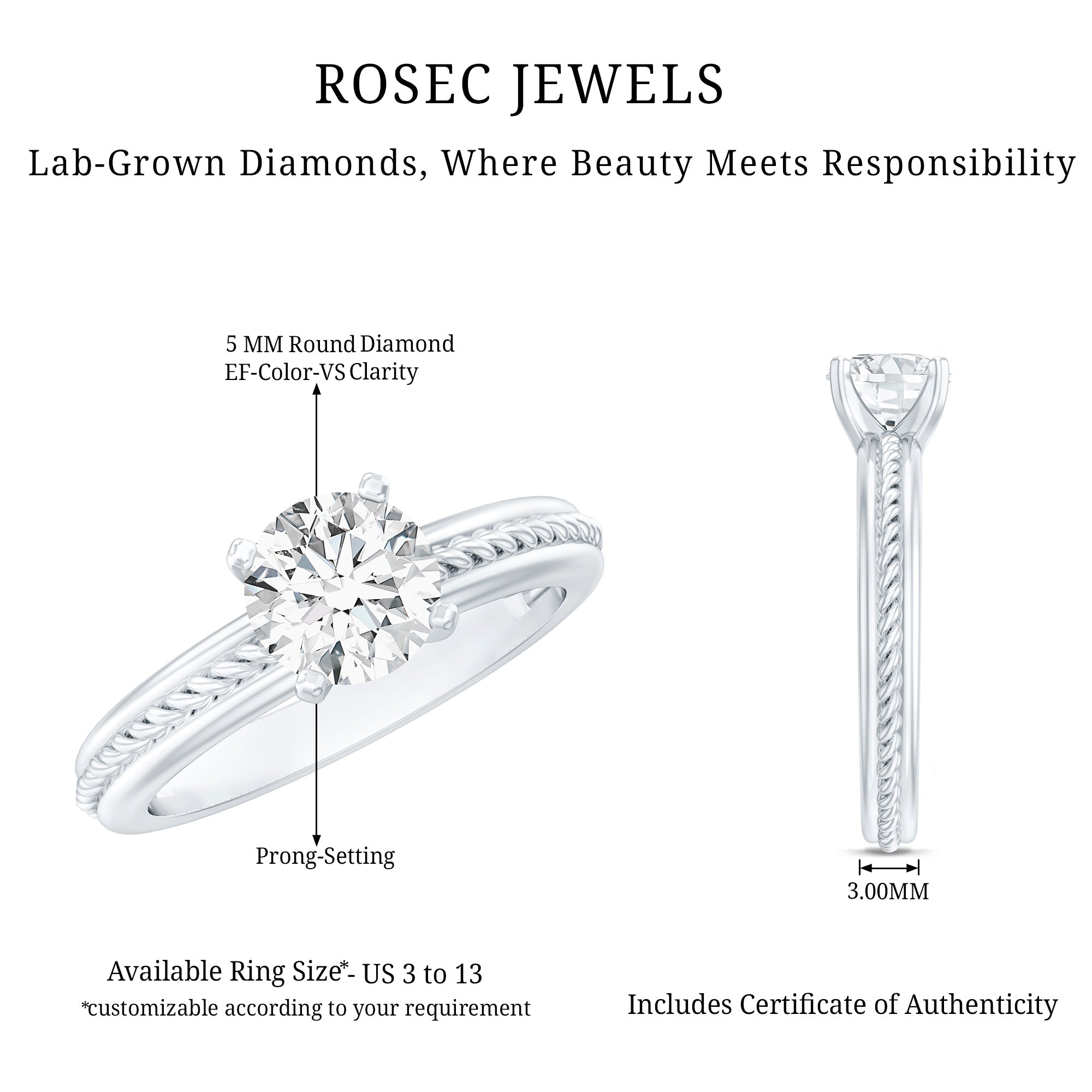 Certified Lab Grown Diamond 5 MM Round Solitaire Promise Ring