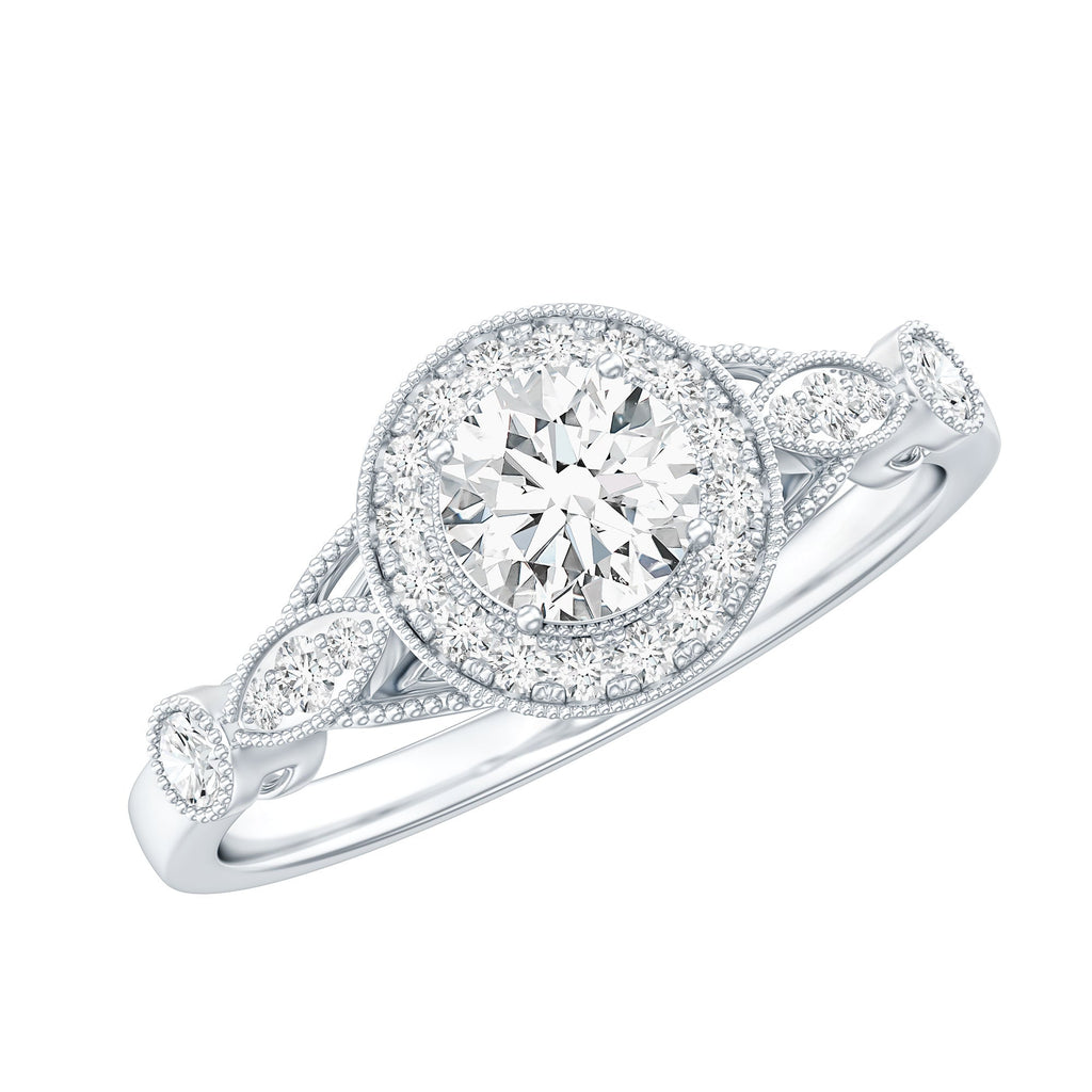 Certified 5 MM Lab Grown Diamond Halo Engagement Ring With Side Stones