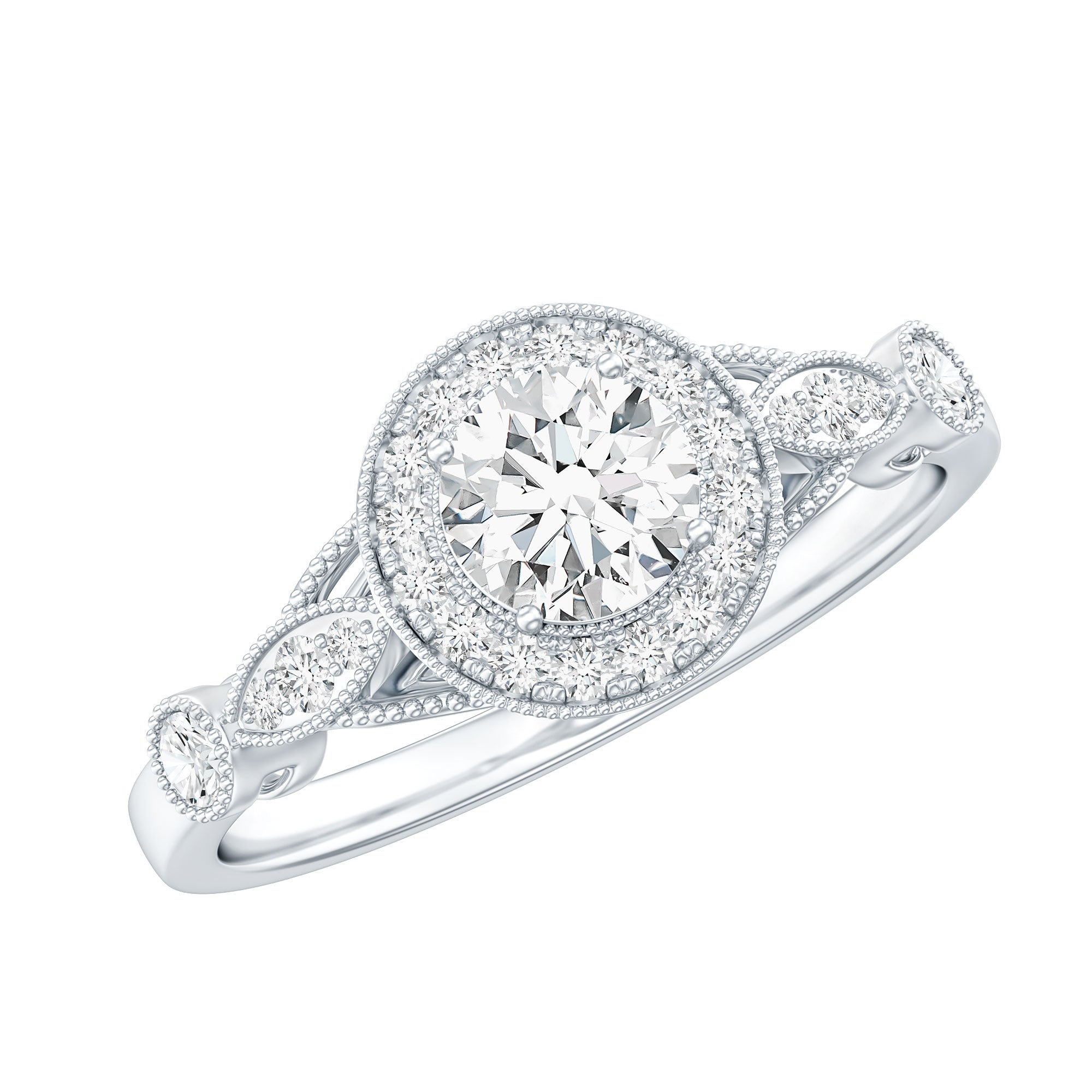 Certified 5 MM Lab Grown Diamond Halo Engagement Ring With Side Stones
