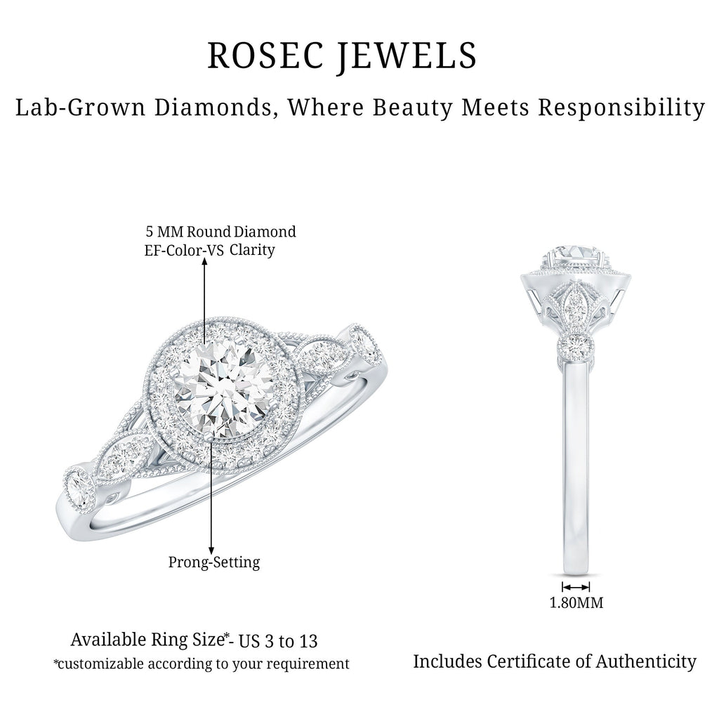 Certified 5 MM Lab Grown Diamond Halo Engagement Ring With Side Stones