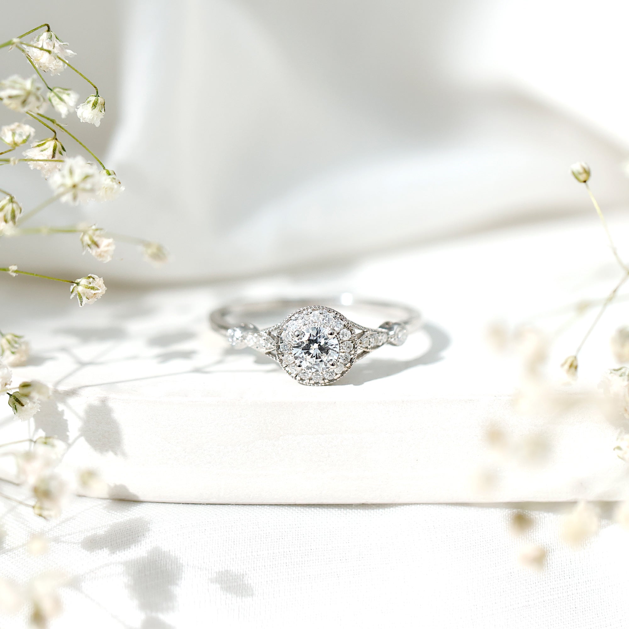 Certified 5 MM Lab Grown Diamond Halo Engagement Ring With Side Stones