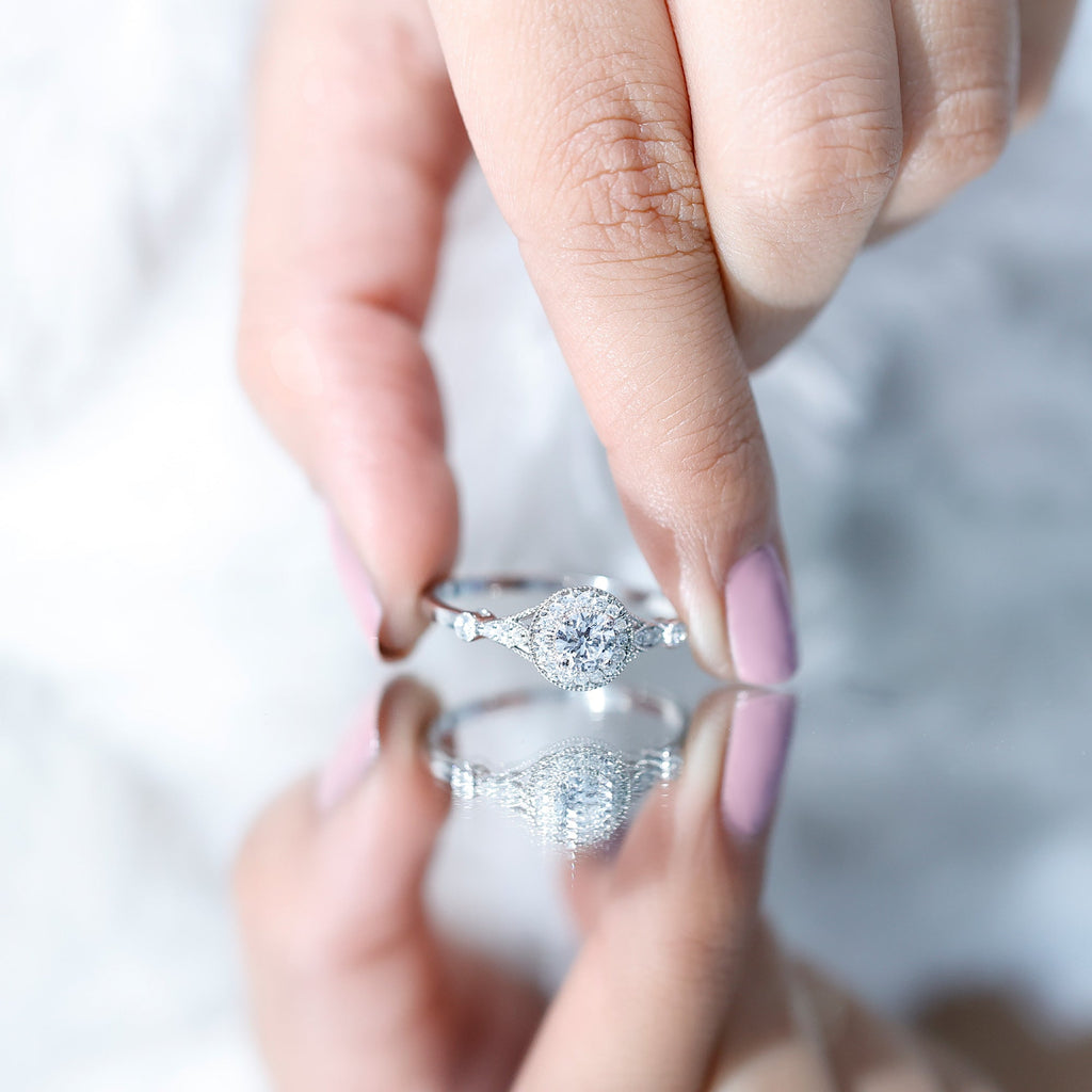 Certified 5 MM Lab Grown Diamond Halo Engagement Ring With Side Stones
