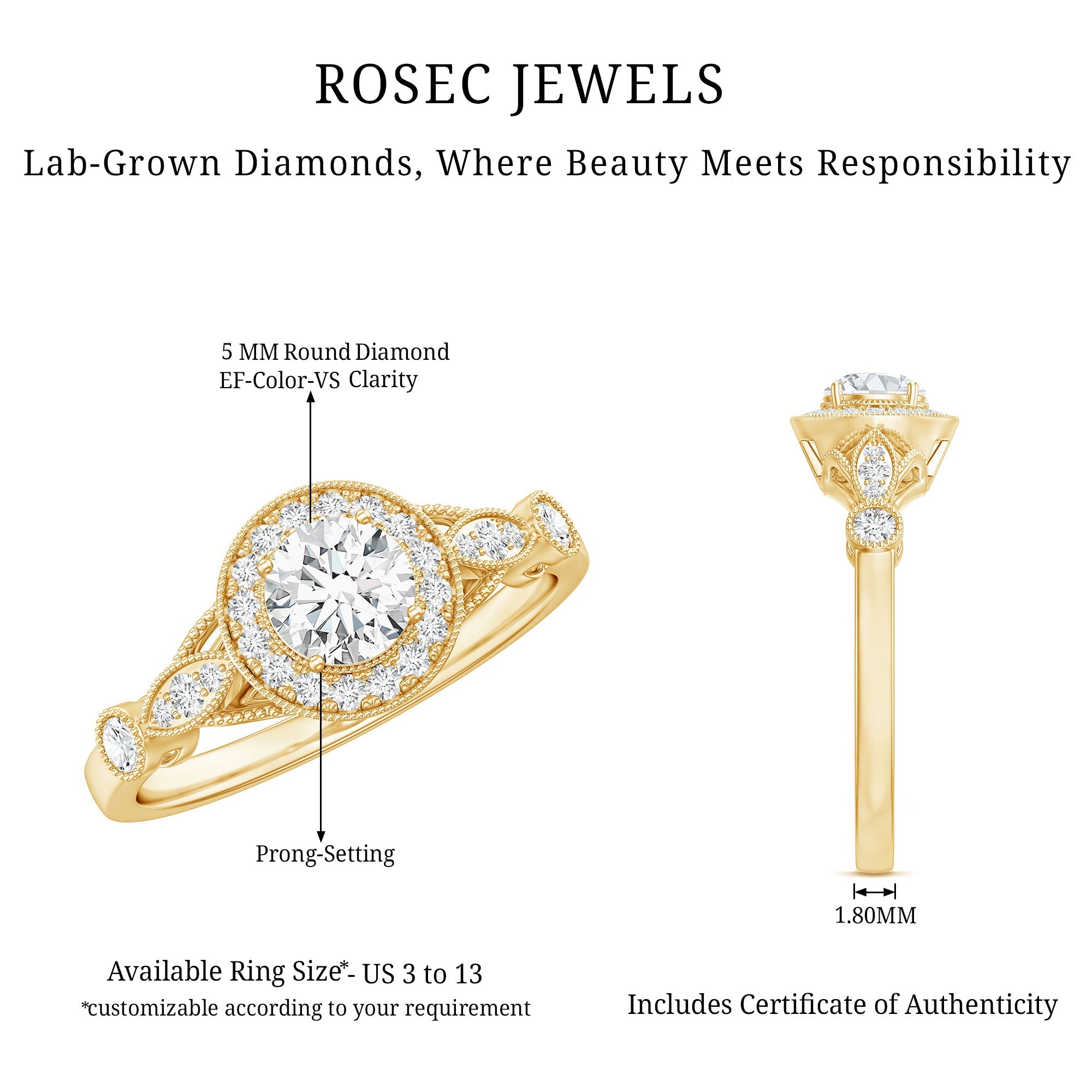 Certified 5 MM Lab Grown Diamond Halo Engagement Ring With Side Stones