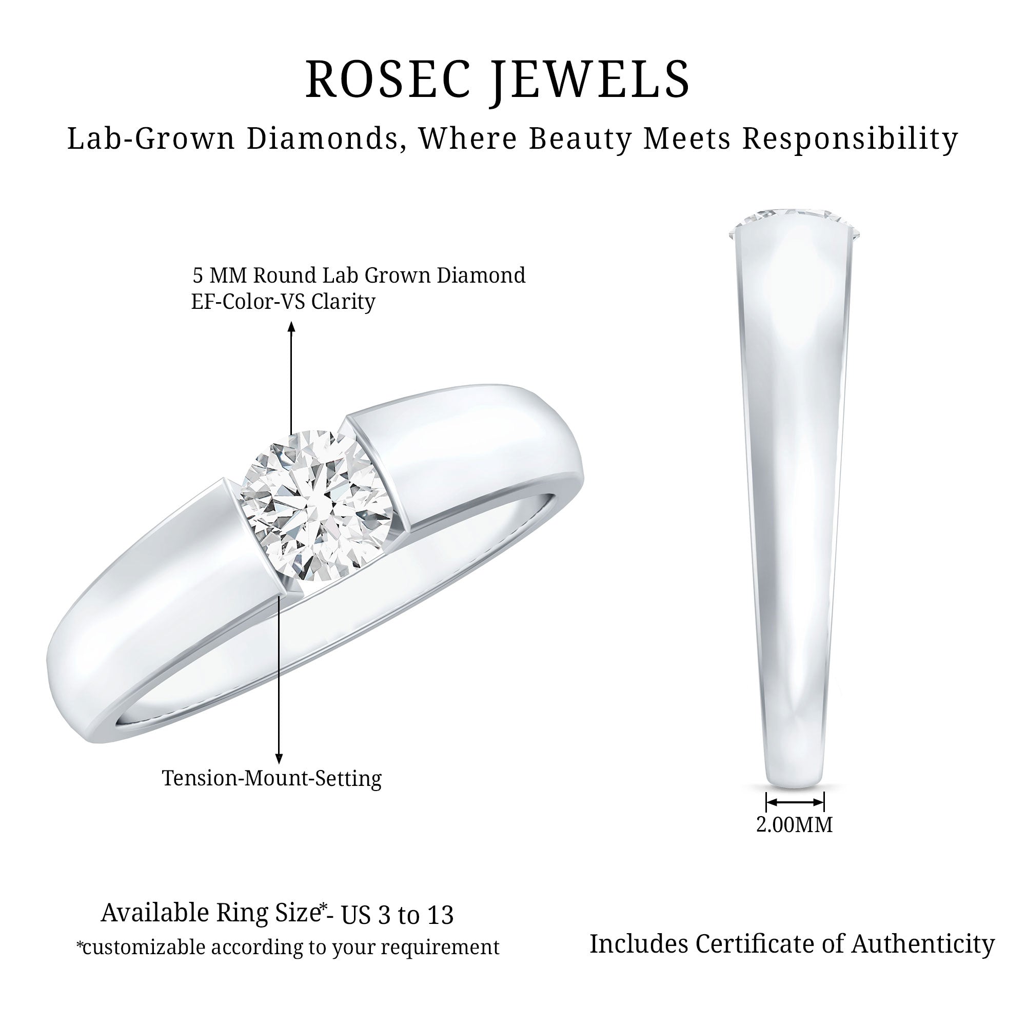 Lab Grown Diamond 5 MM Solitaire Band Ring