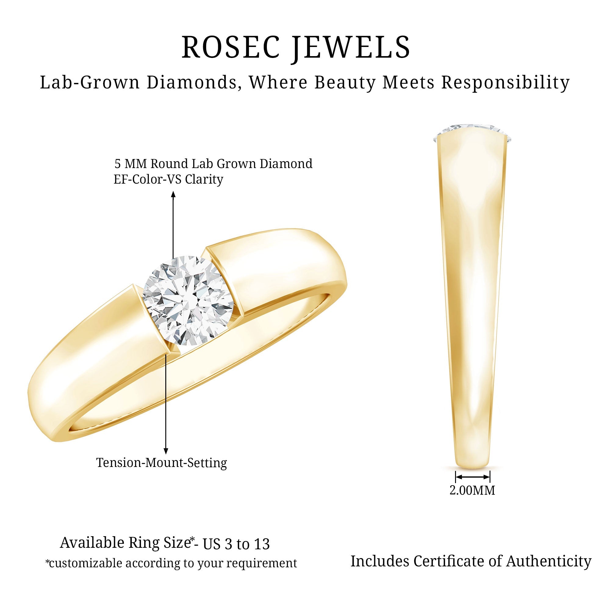 Lab Grown Diamond 5 MM Solitaire Band Ring