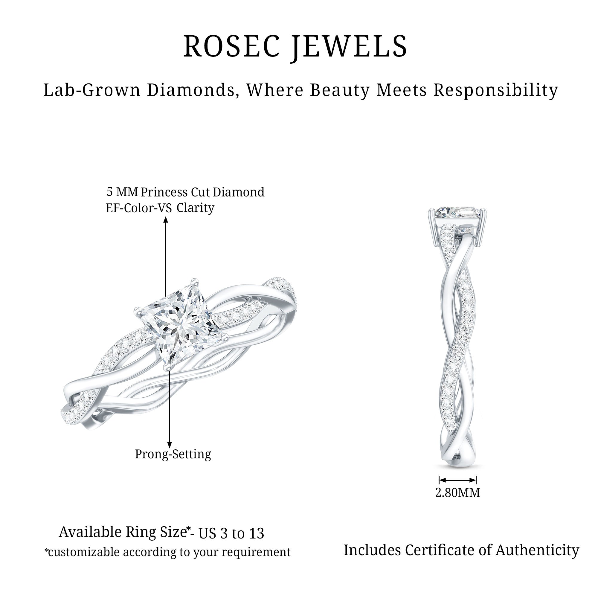 Certified Lab Grown Diamond 6MM Princess Cut Engagement Ring