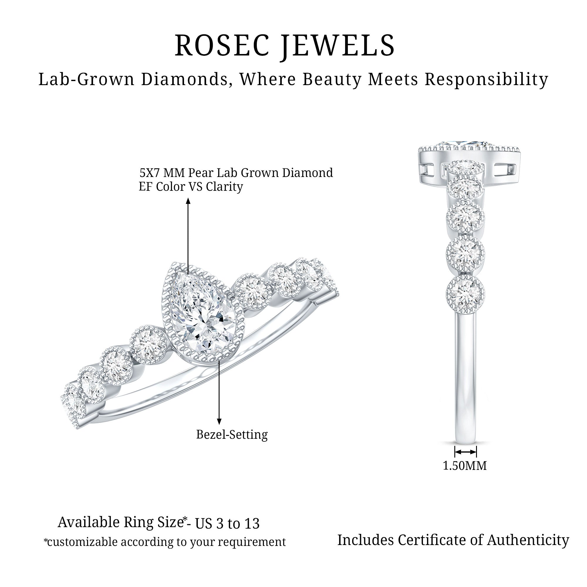 Lab Grown Diamond 5X7 MM Pear Shaped Engagement Ring With Side Stones