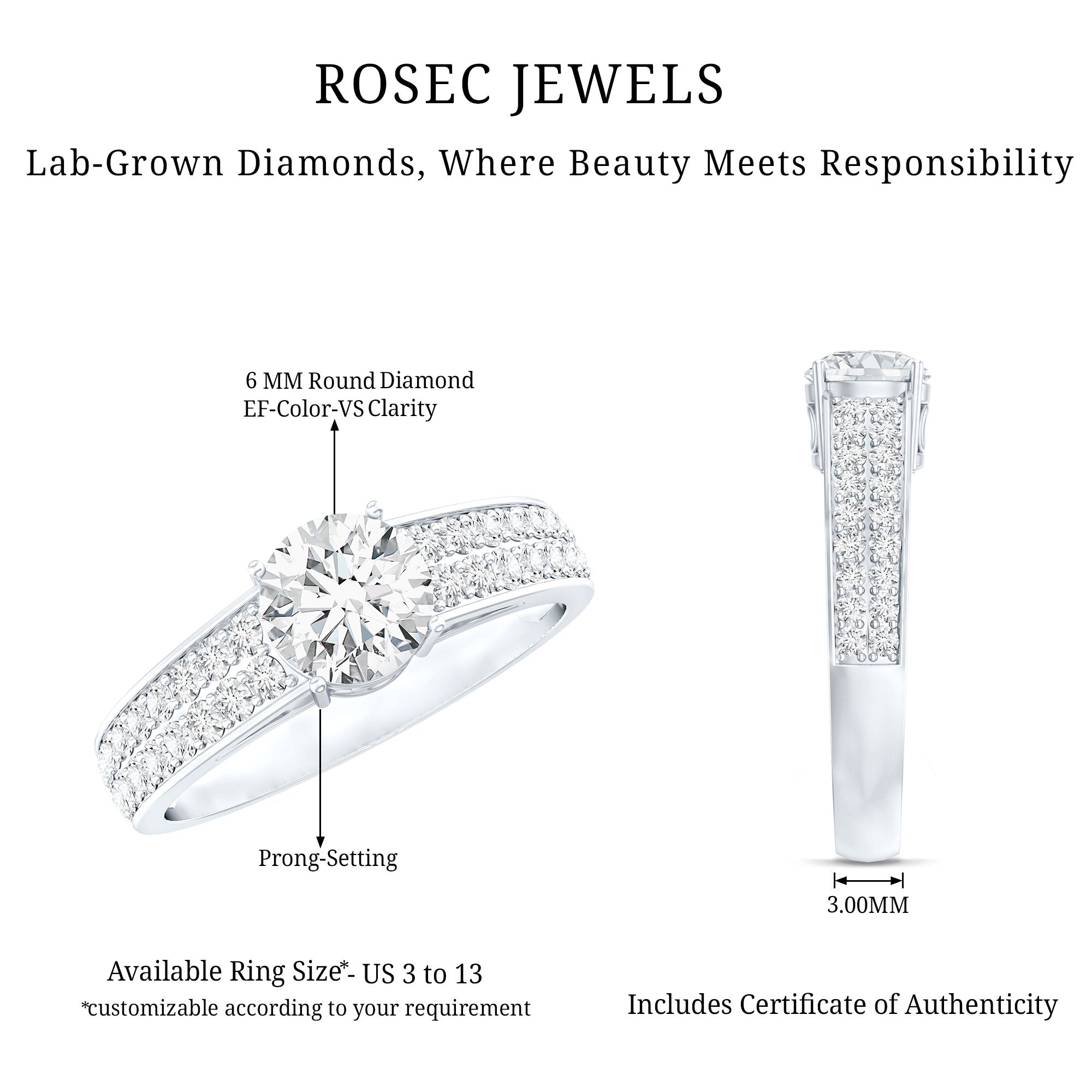 Certified Lab Grown Diamond 1Ct Engagement Ring With Side Stones