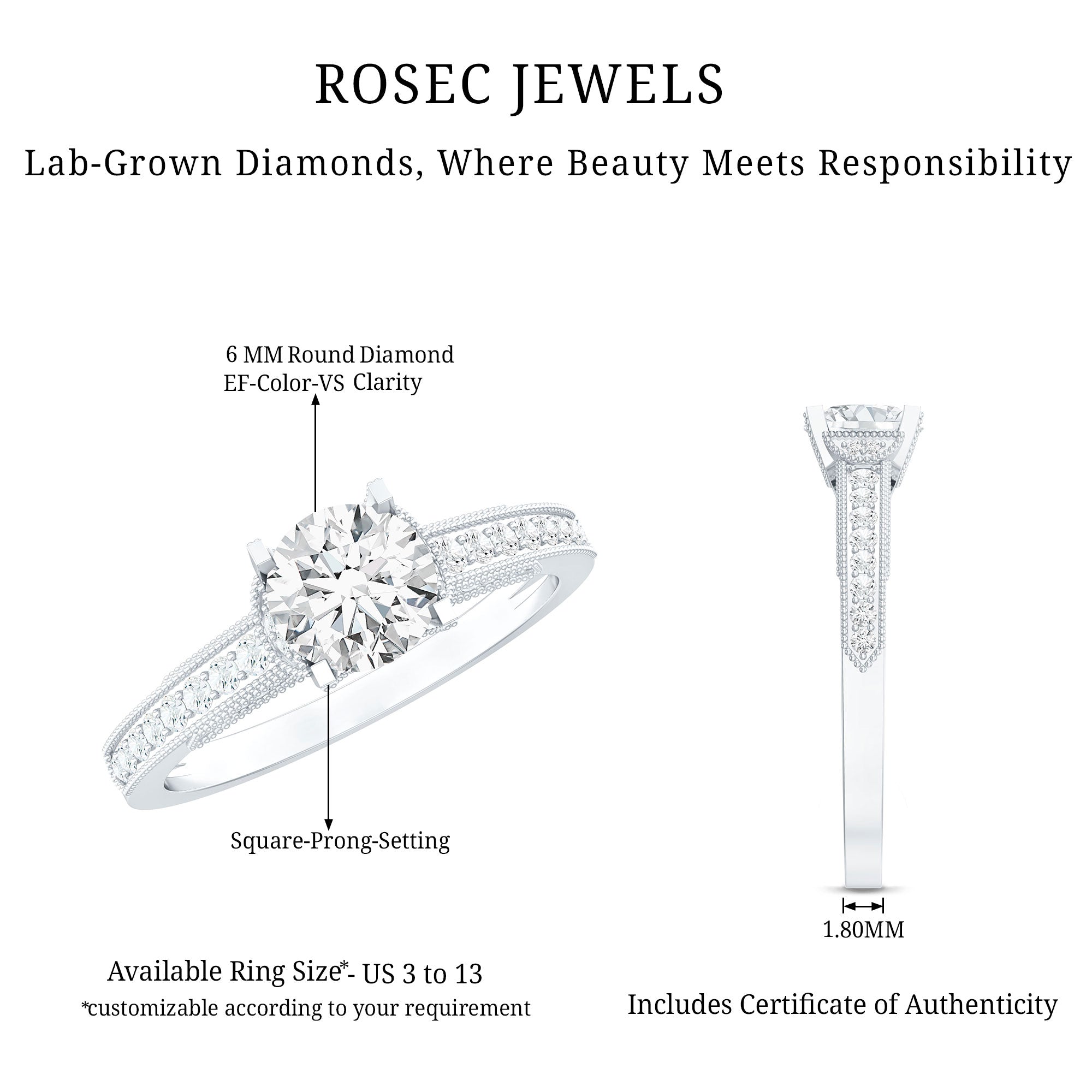 Certified Lab Grown Diamond 6 MM Round Engagement Ring With Side Stones