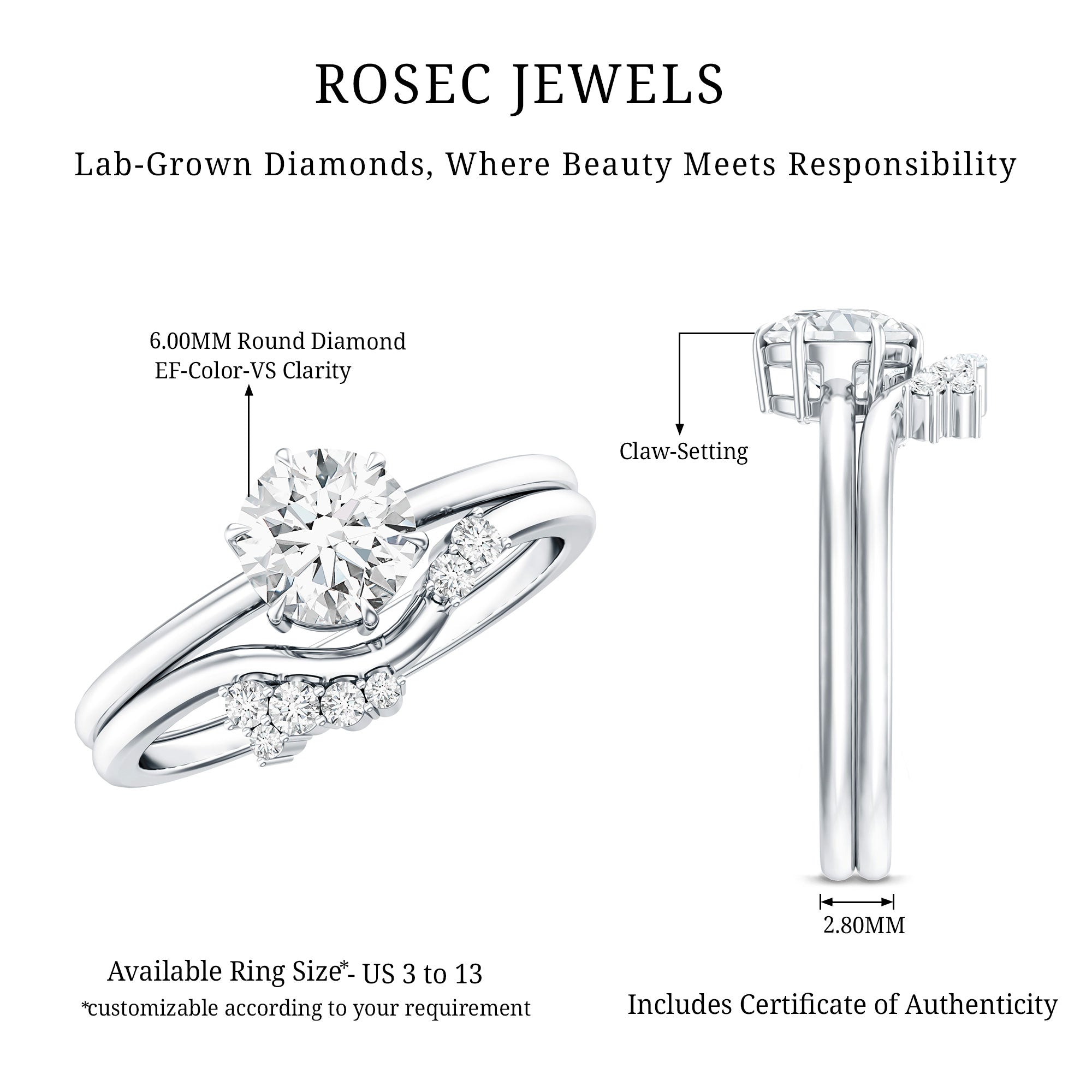 Certified 6 MM Lab Grown Diamond Designer Bridal Ring Set