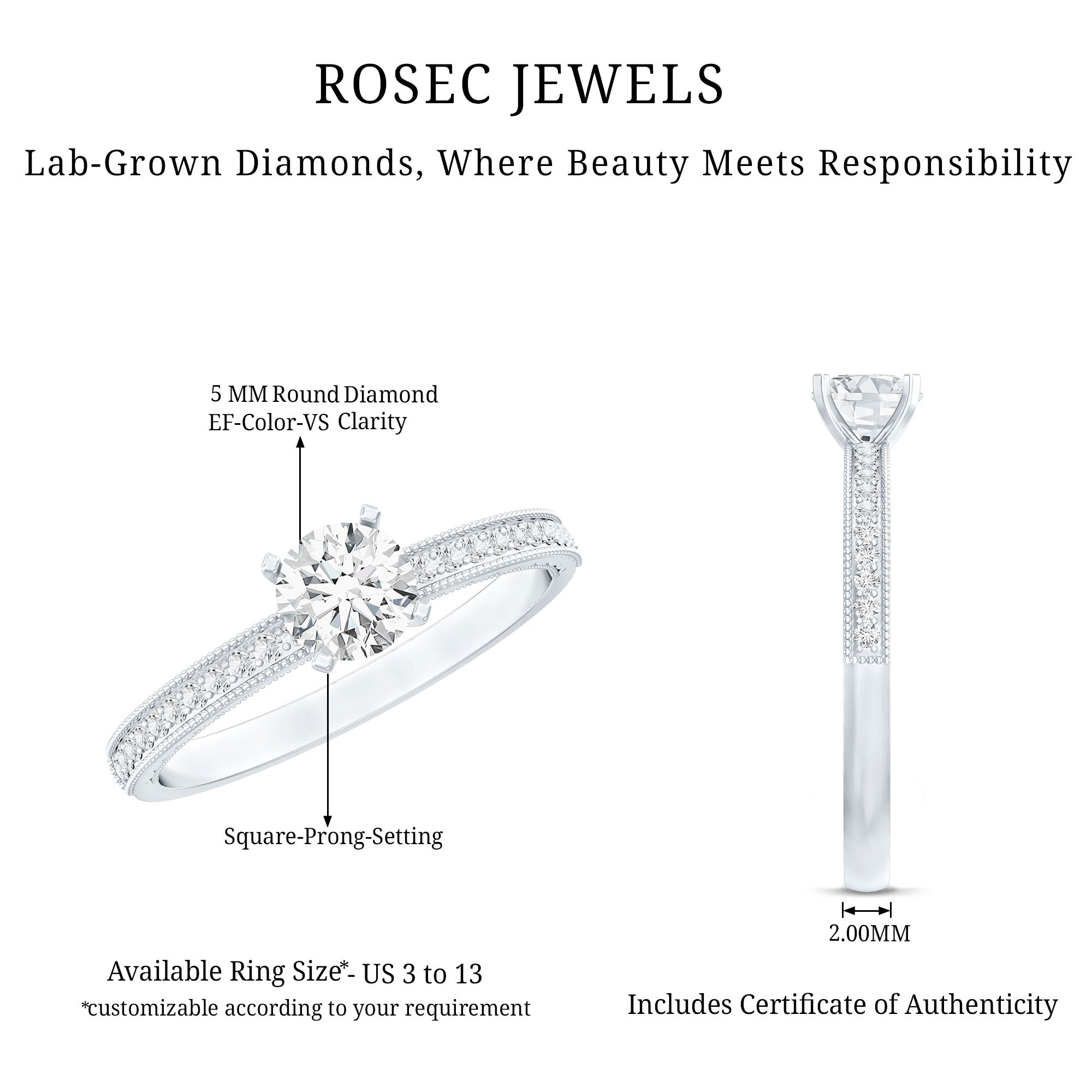 5MM Lab Grown Diamond Engagement Ring With Side Stones