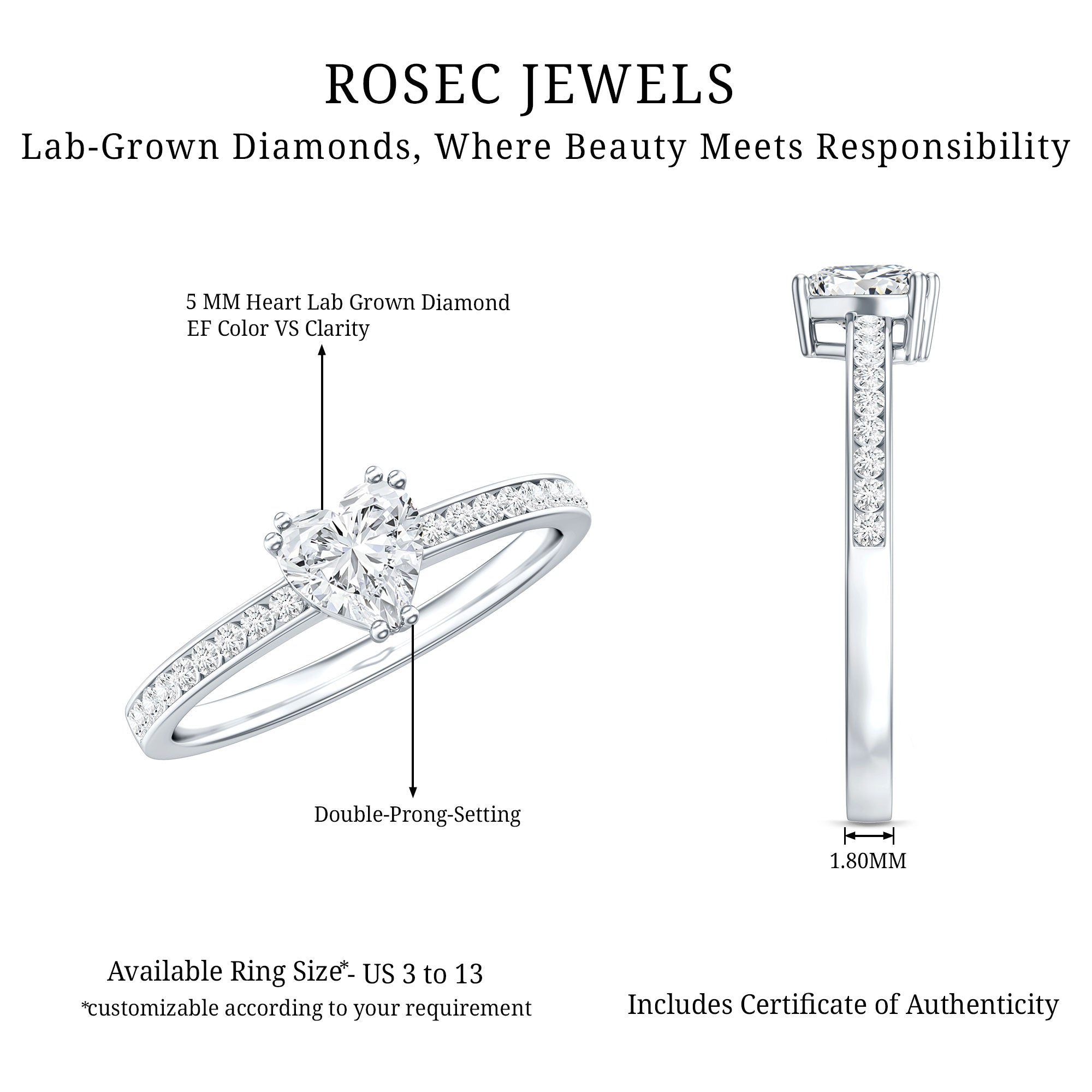 Lab Grown Diamond 5 MM Heart Engagement Ring With Side Stones