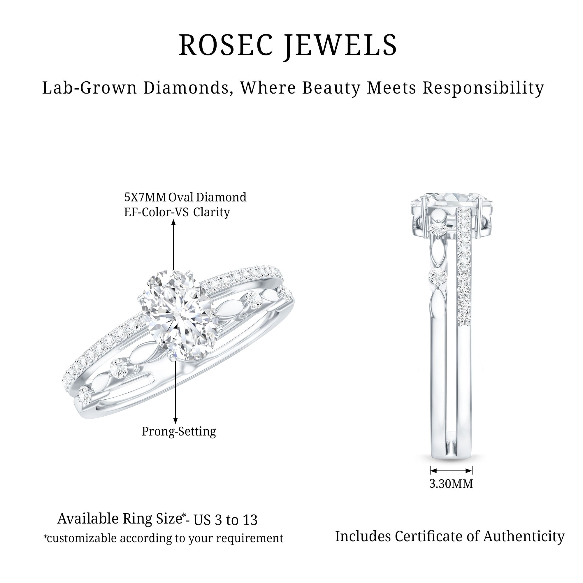 Lab Grown Diamond 0.75 Carat Oval Shaped Double Band Engagement Ring