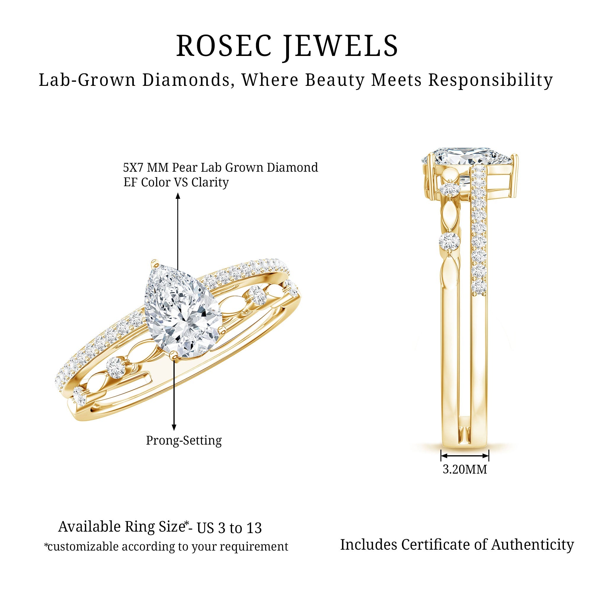 Certified Lab Grown Diamond 5X7 MM Teardrop Double Band Engagement Ring