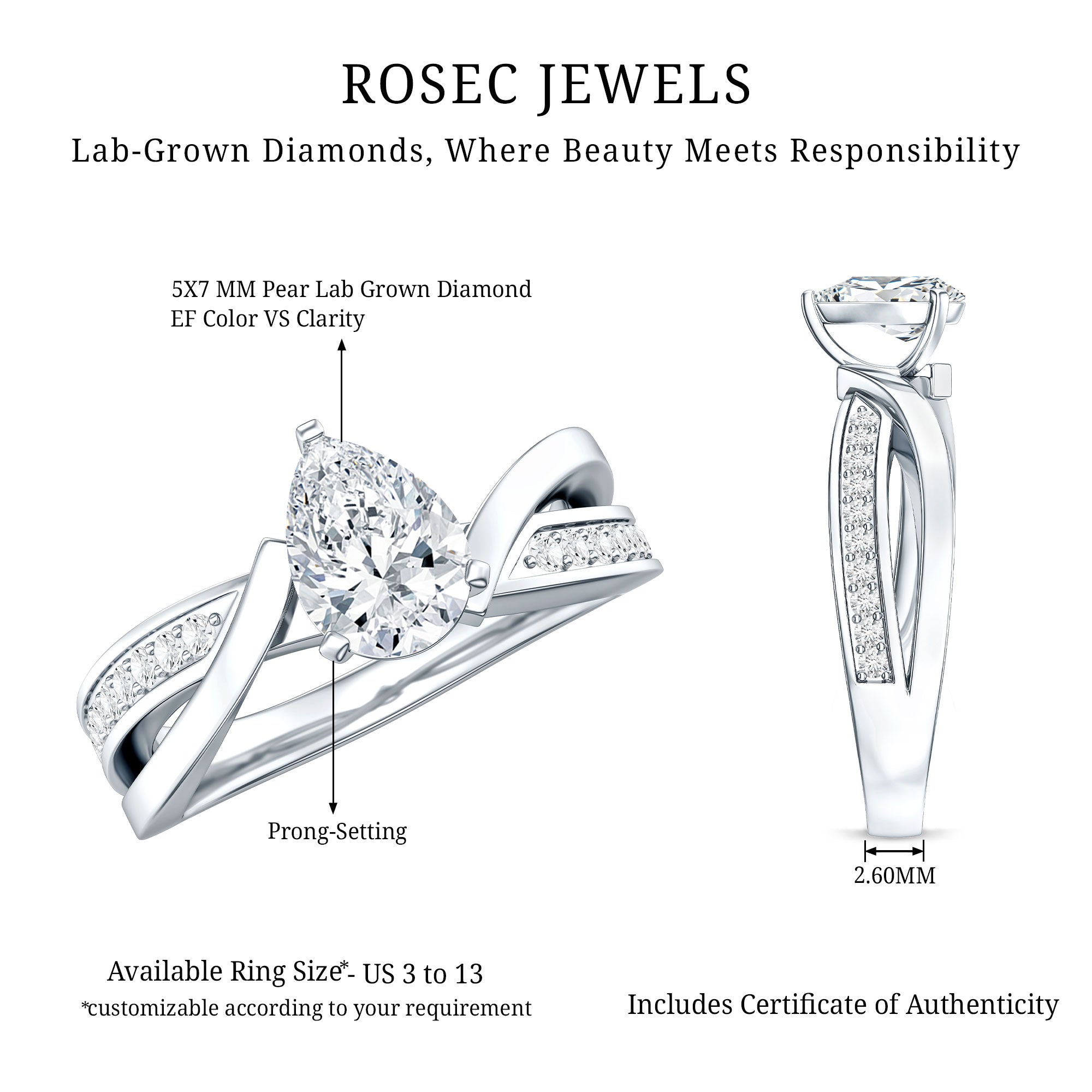 Certified Lab Grown Diamond 5X7 MM Pear Shaped Engagement Ring