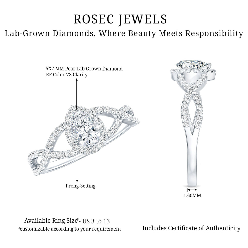 Lab Grown Diamond Teardrop Halo Engagement Ring For Women