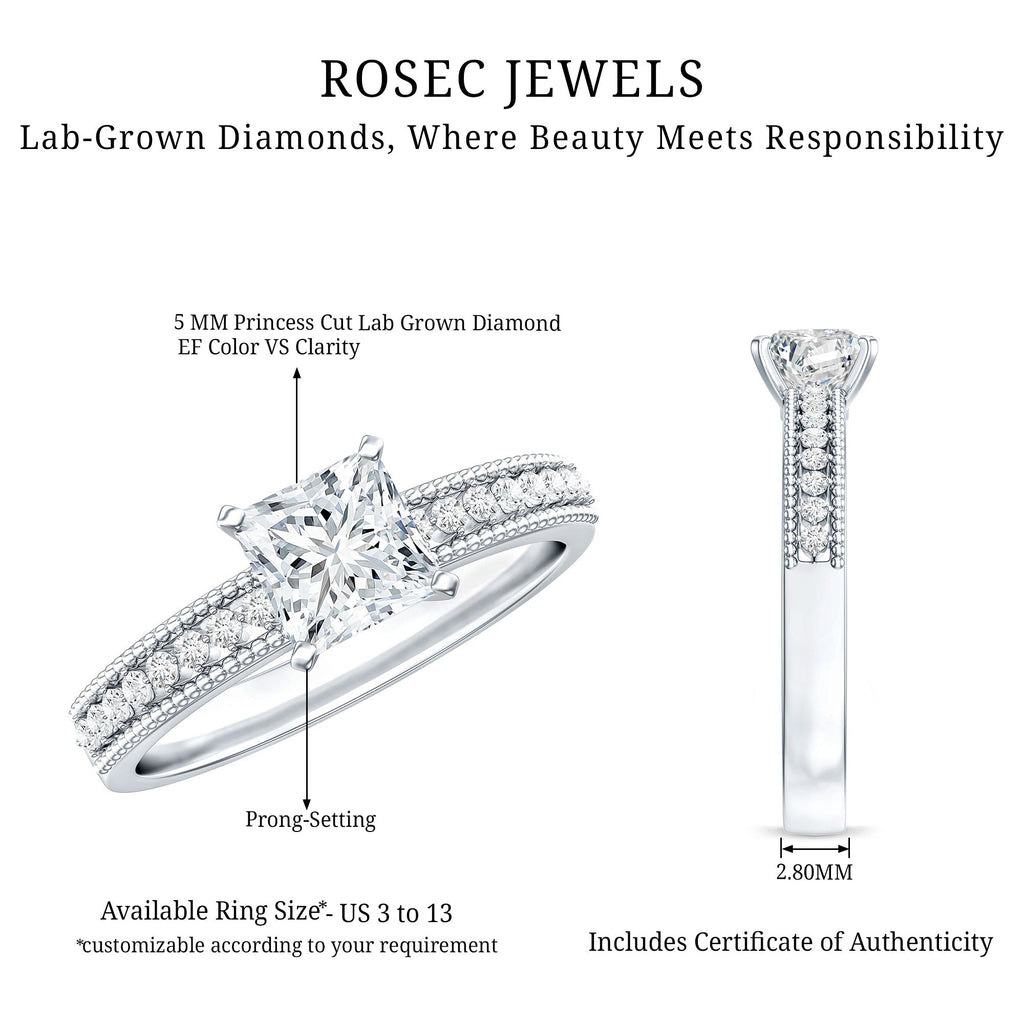 Certified Lab Grown Diamond 5 MM Princess Cut Engagement Ring For Women