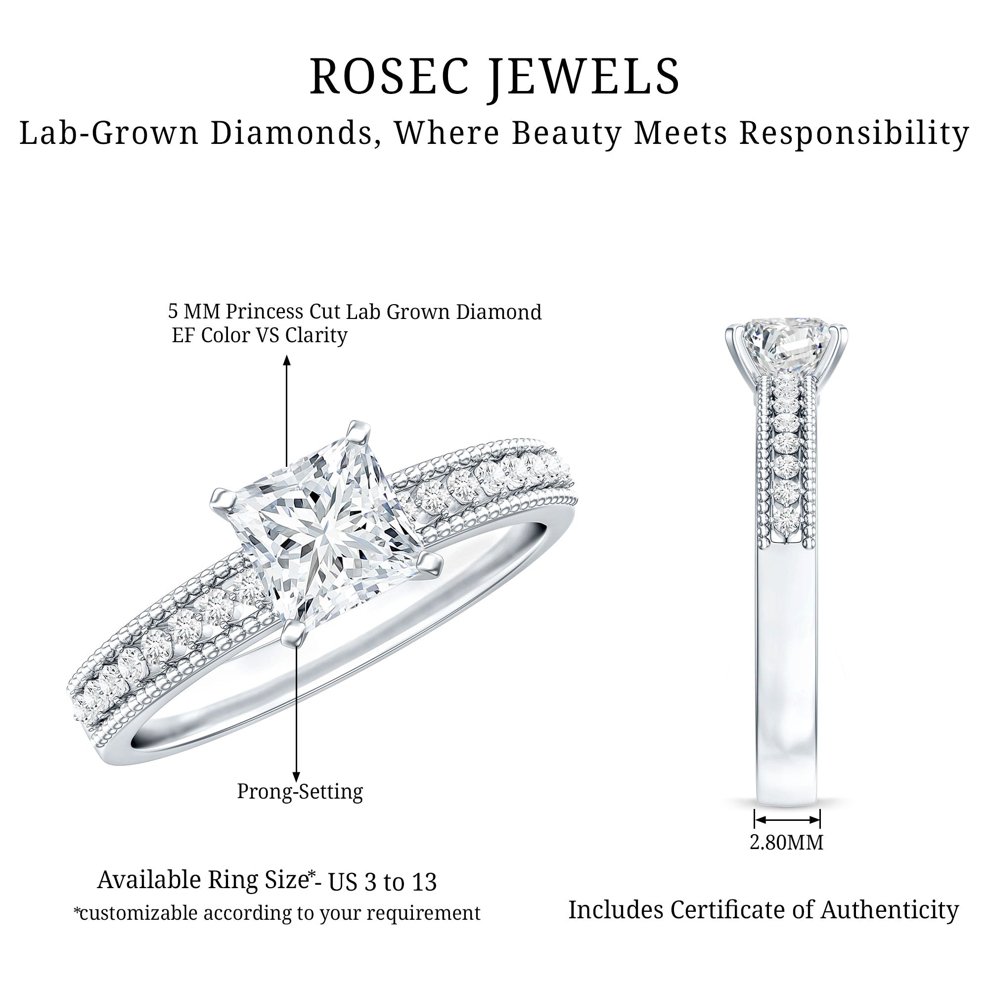 Certified Lab Grown Diamond 5 MM Princess Cut Engagement Ring For Women
