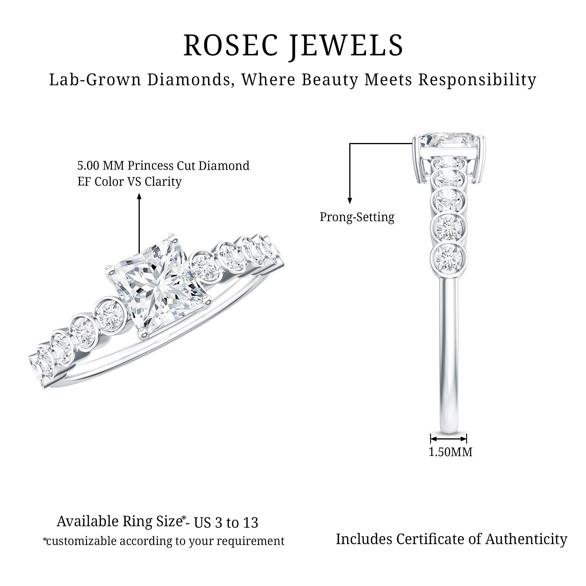 Lab Grown Diamond 5 MM Princess Cut Engagement Ring With Side Stones