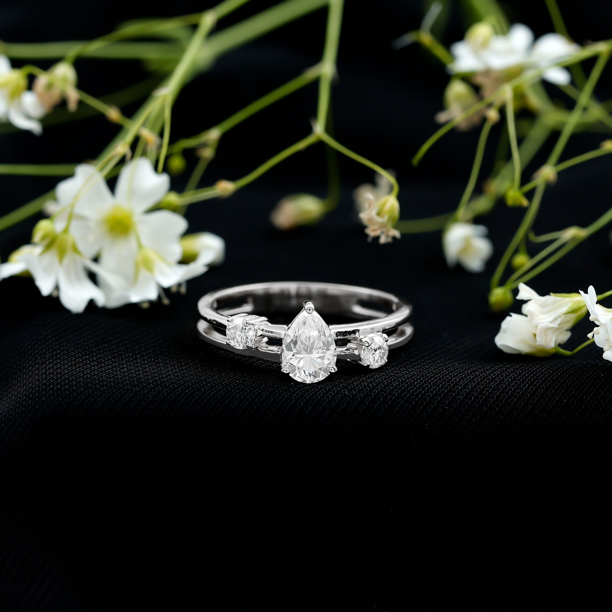 Pear Lab Grown Diamond Engagement Ring – Elegant Double Band Three Stone Design