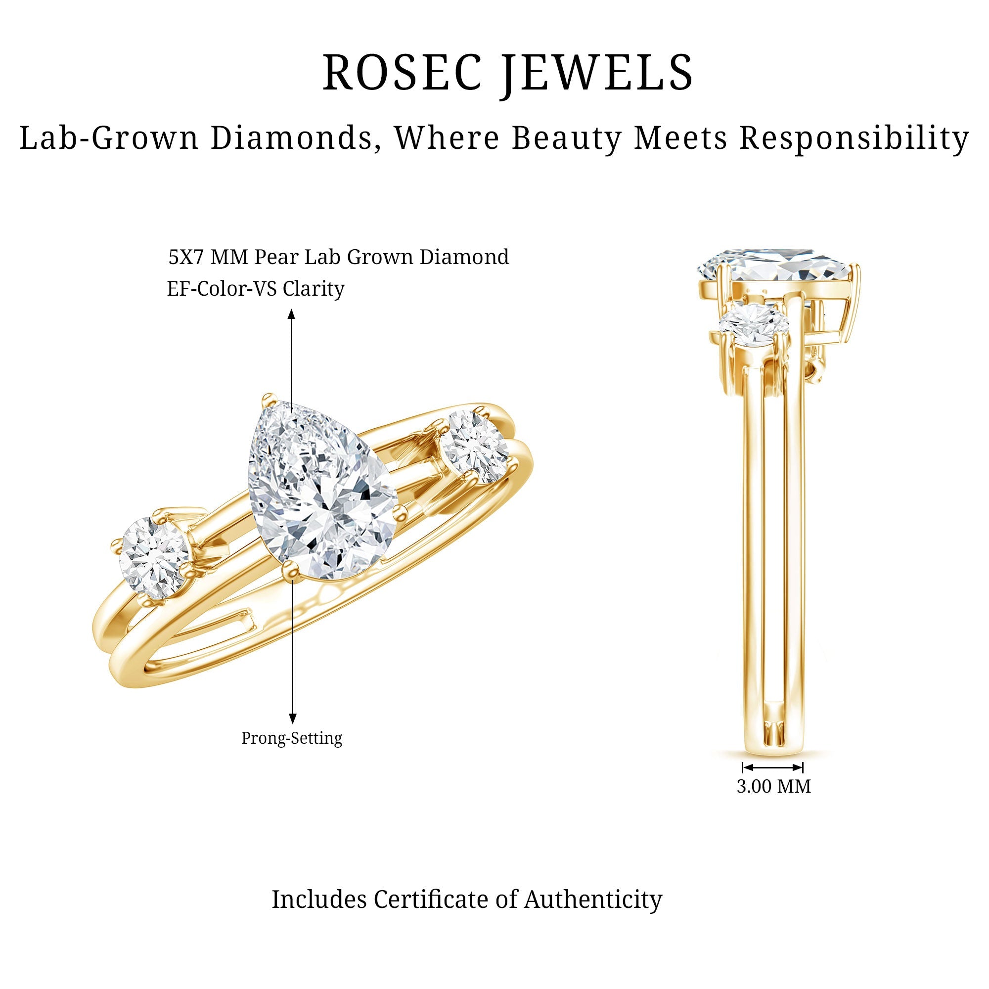 Pear Lab Grown Diamond Engagement Ring – Elegant Double Band Three Stone Design
