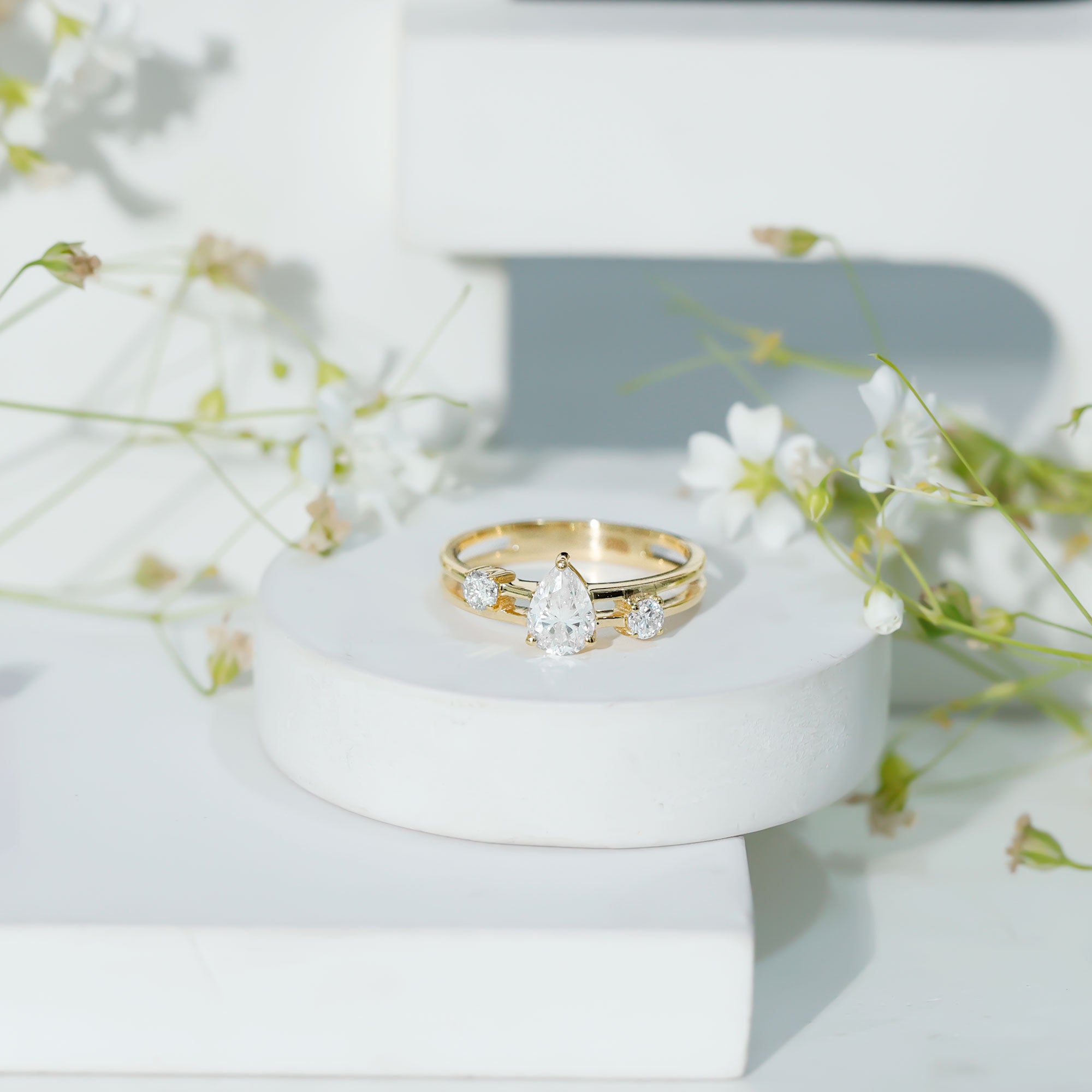 Pear Lab Grown Diamond Engagement Ring – Elegant Double Band Three Stone Design