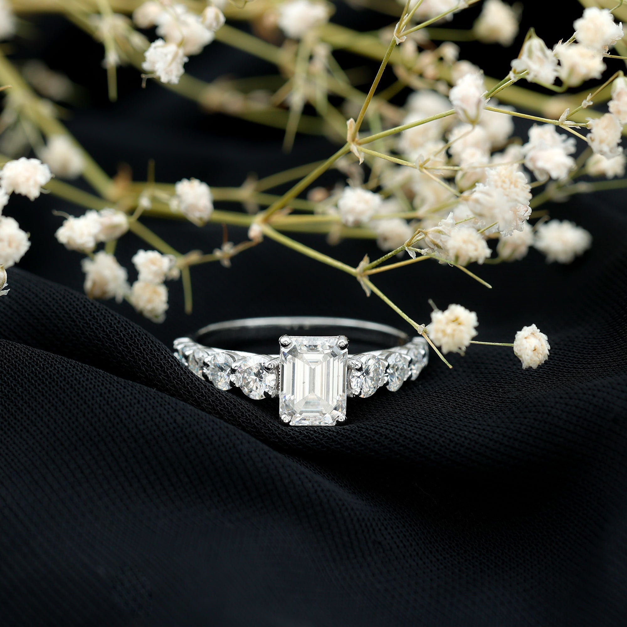 Lab Grown Diamond 6X8 MM Emerald Cut Engagement Ring With Side Stones