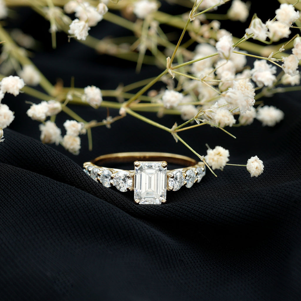 Lab Grown Diamond 6X8 MM Emerald Cut Engagement Ring With Side Stones