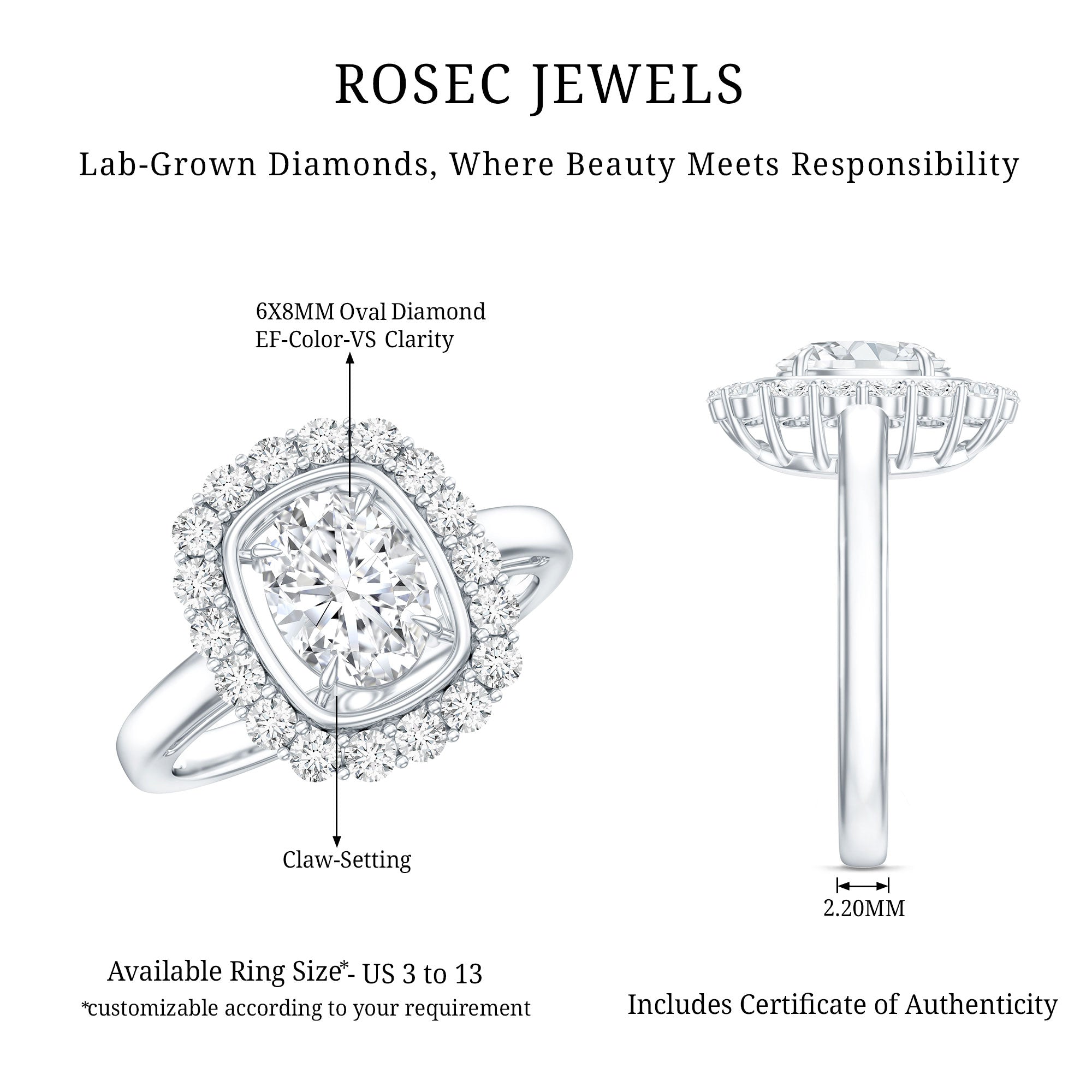 Certified 6X8 MM Oval Lab Grown Diamond Halo Engagement Ring