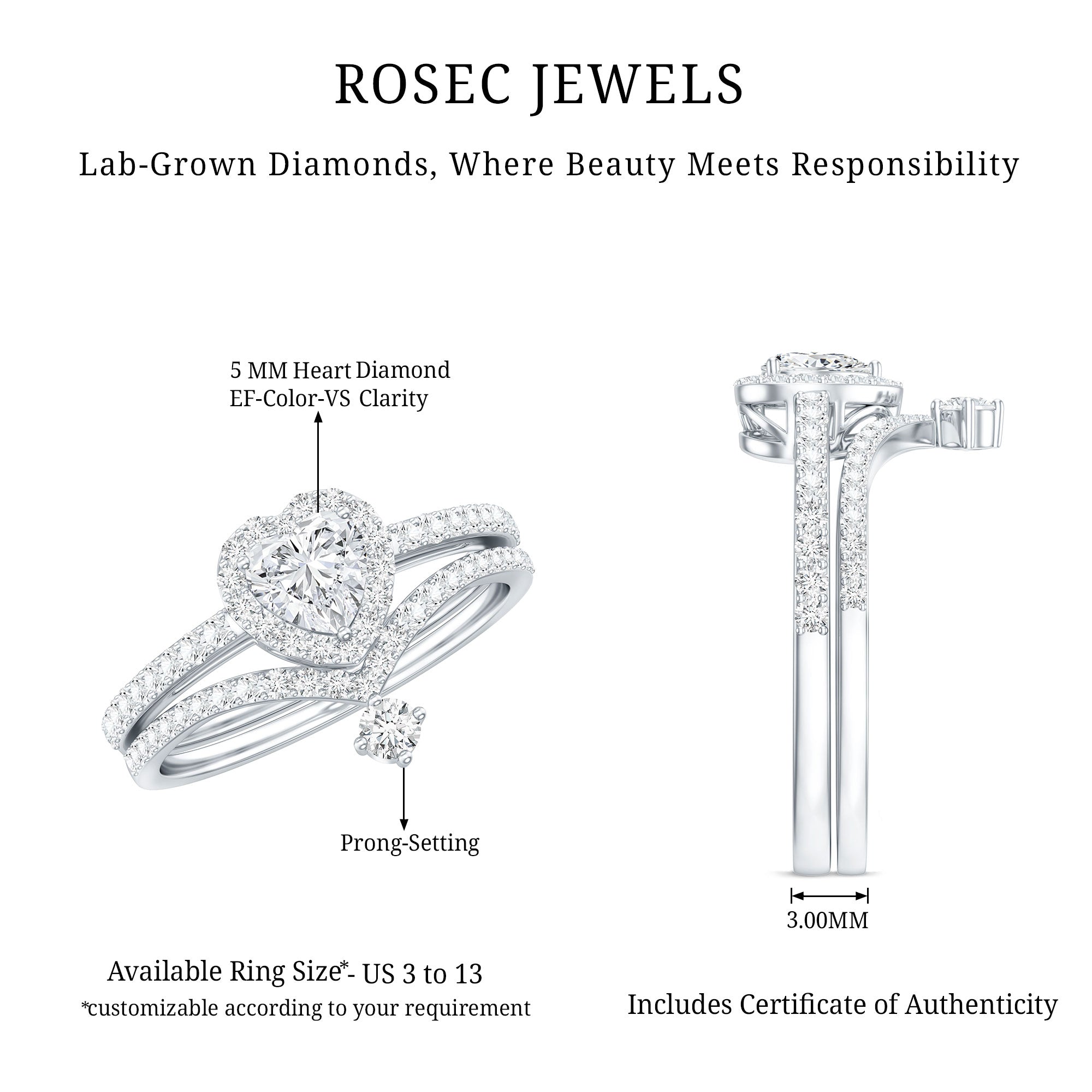 Certified 5 MM Lab Grown Diamond Heart Bridal Ring Set