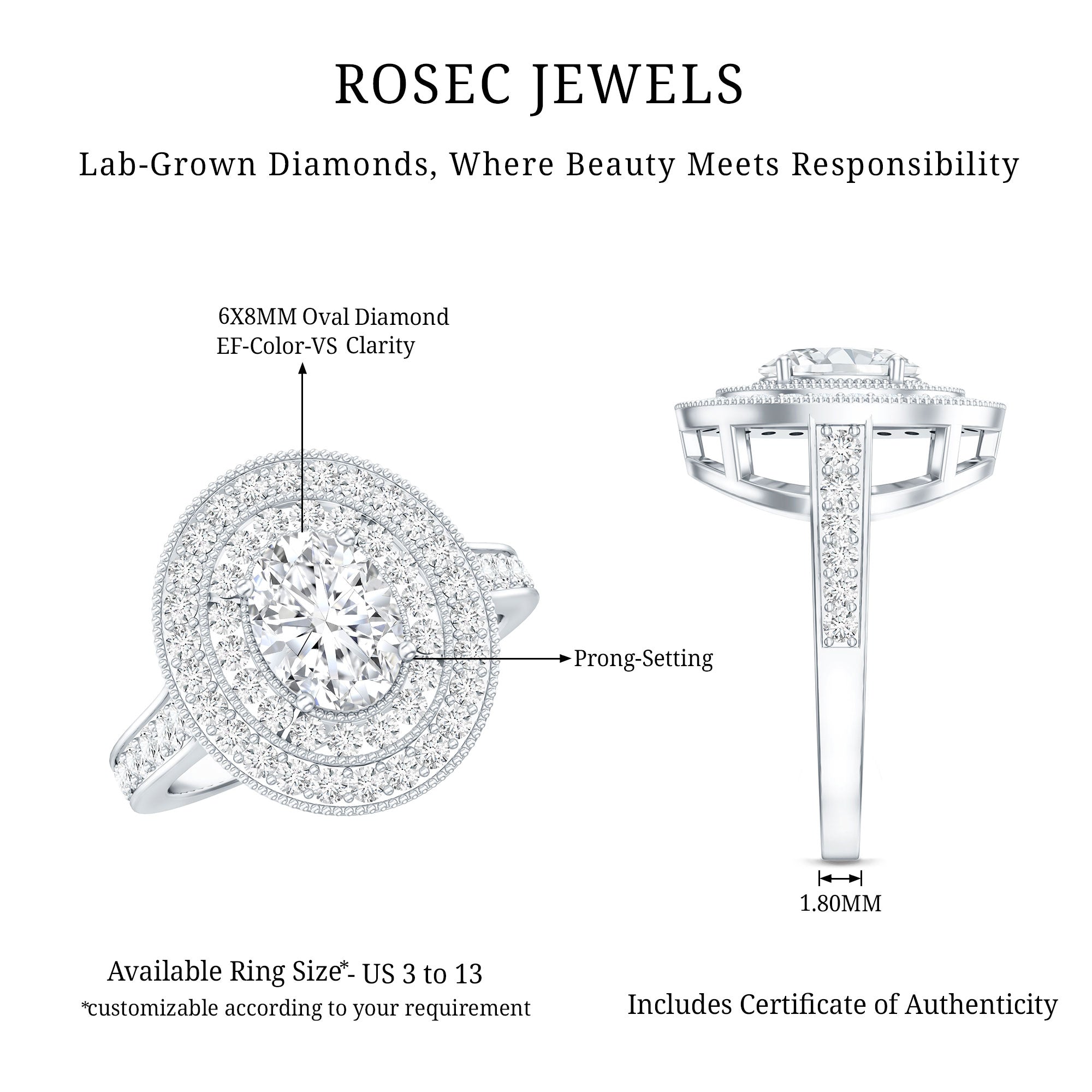 Certified 6X8 MM Oval Lab Grown Diamond Double Halo Engagement Ring