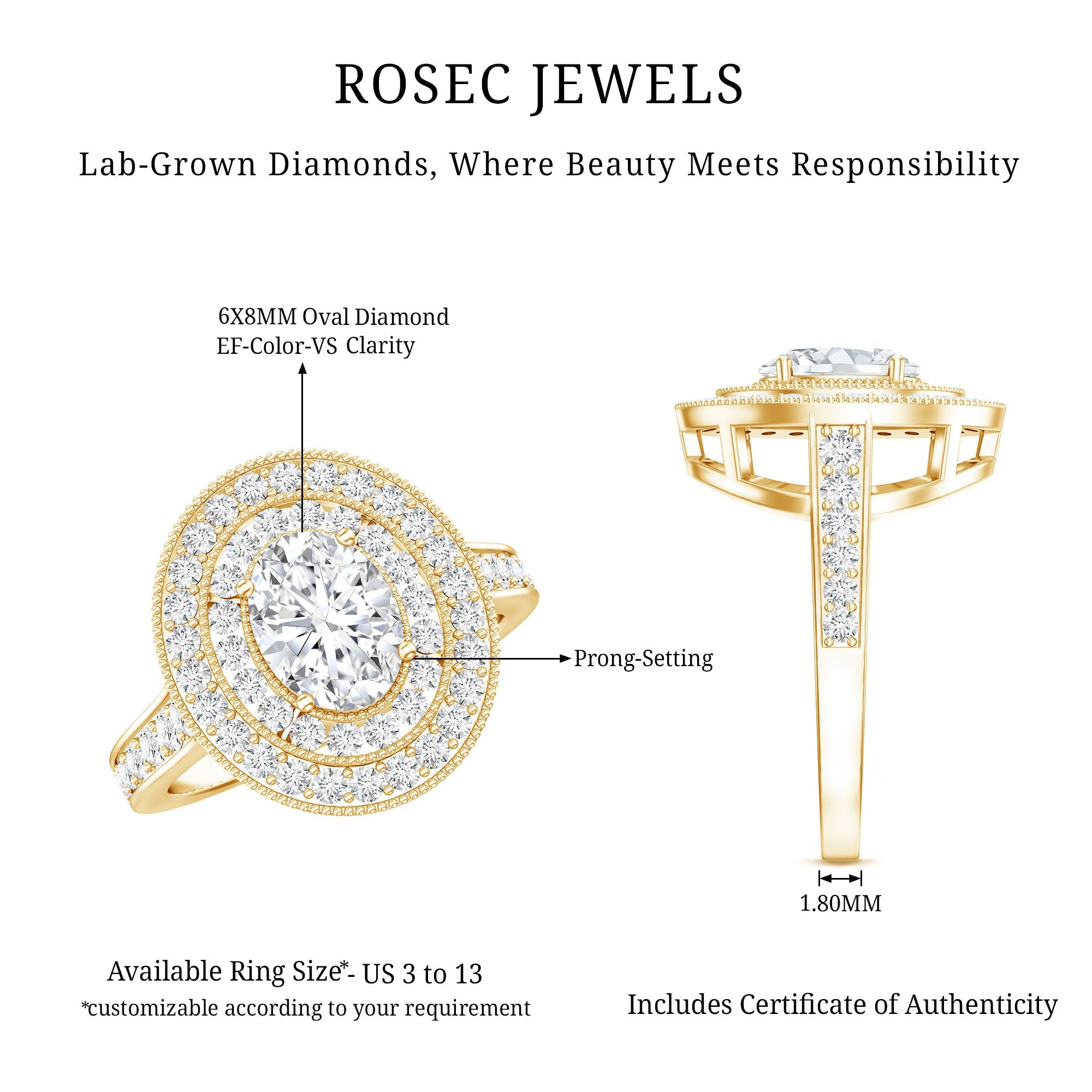 Certified 6X8 MM Oval Lab Grown Diamond Double Halo Engagement Ring