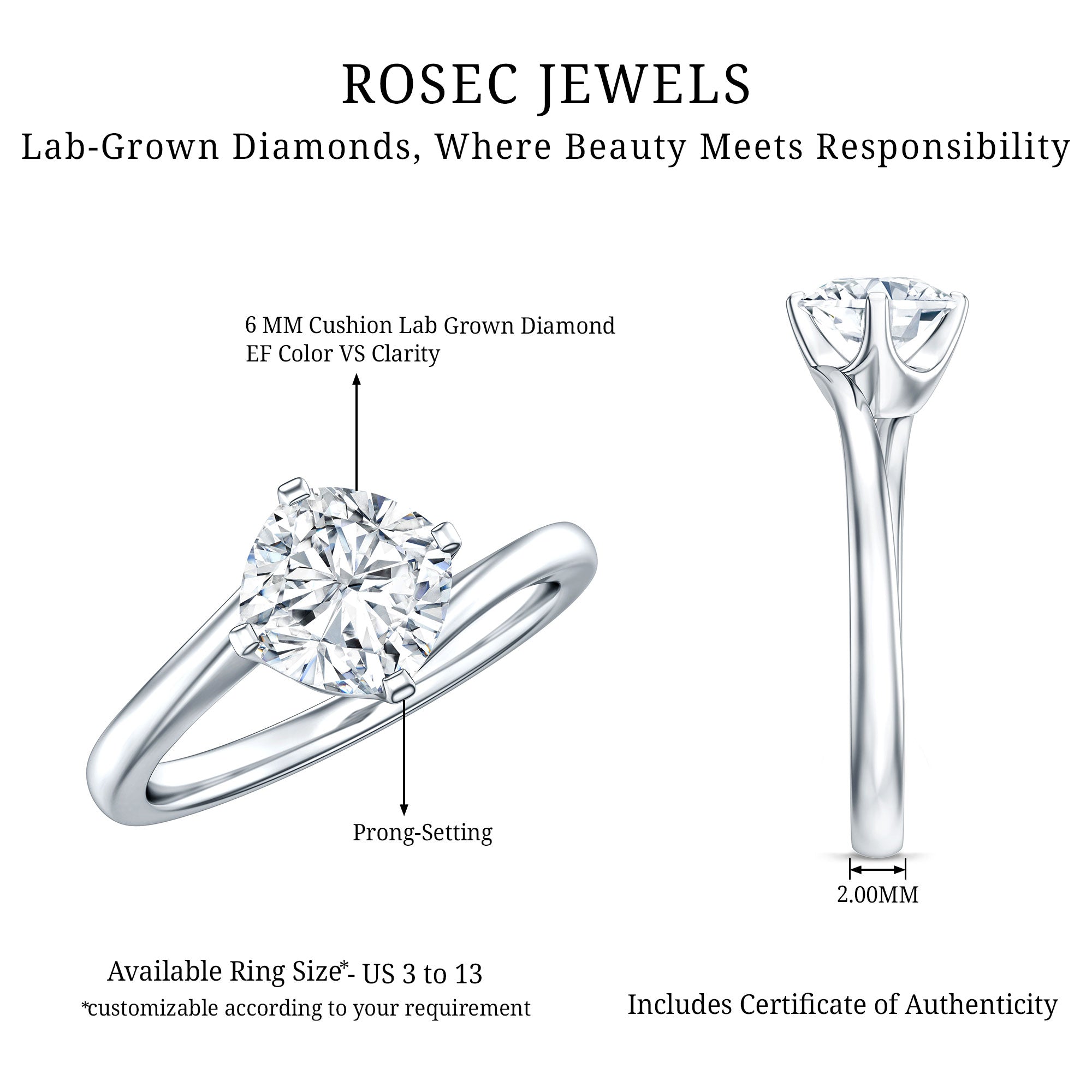 Certified 6 MM Cushion Lab Grown Diamond Solitaire Engagement Ring
