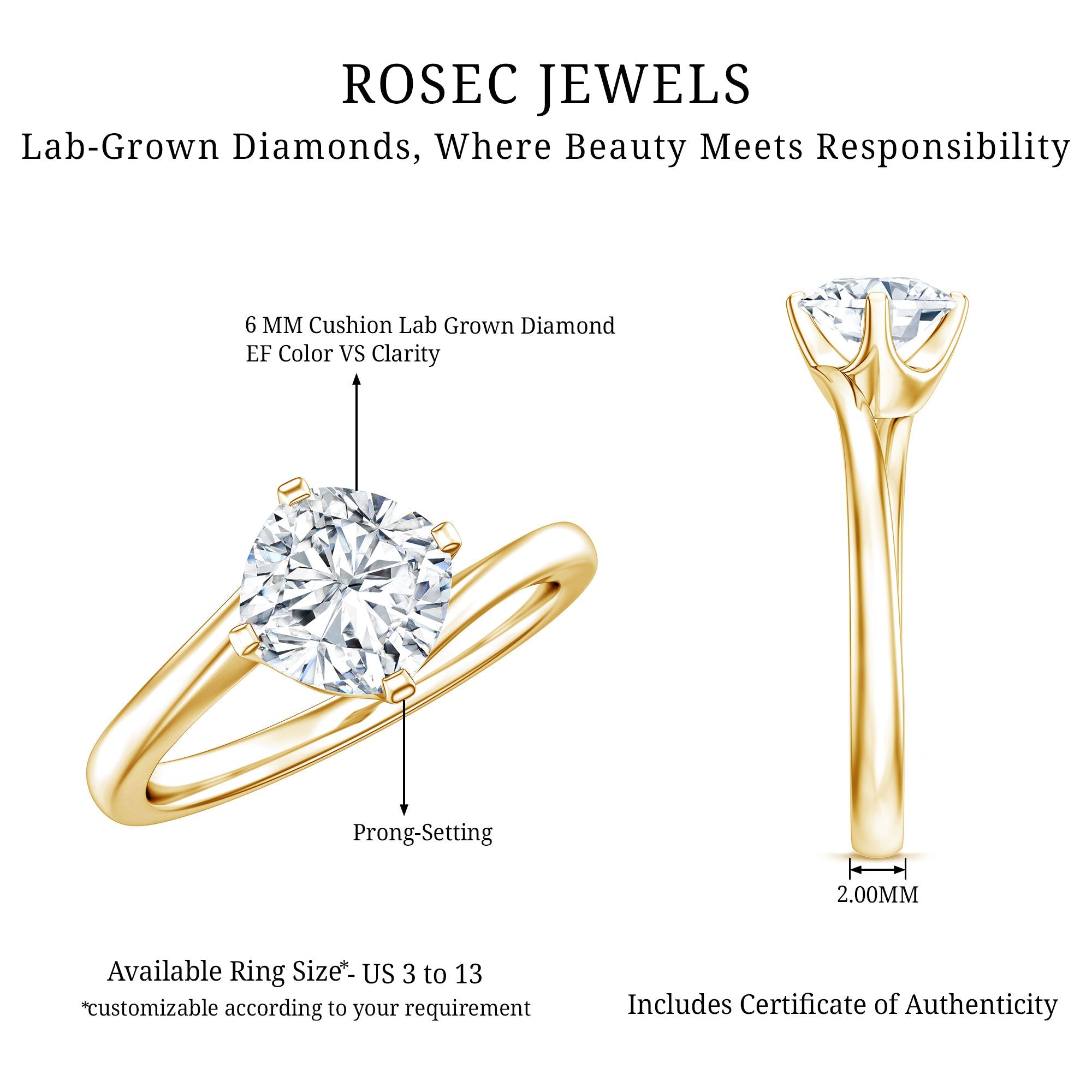 Certified 6 MM Cushion Lab Grown Diamond Solitaire Engagement Ring
