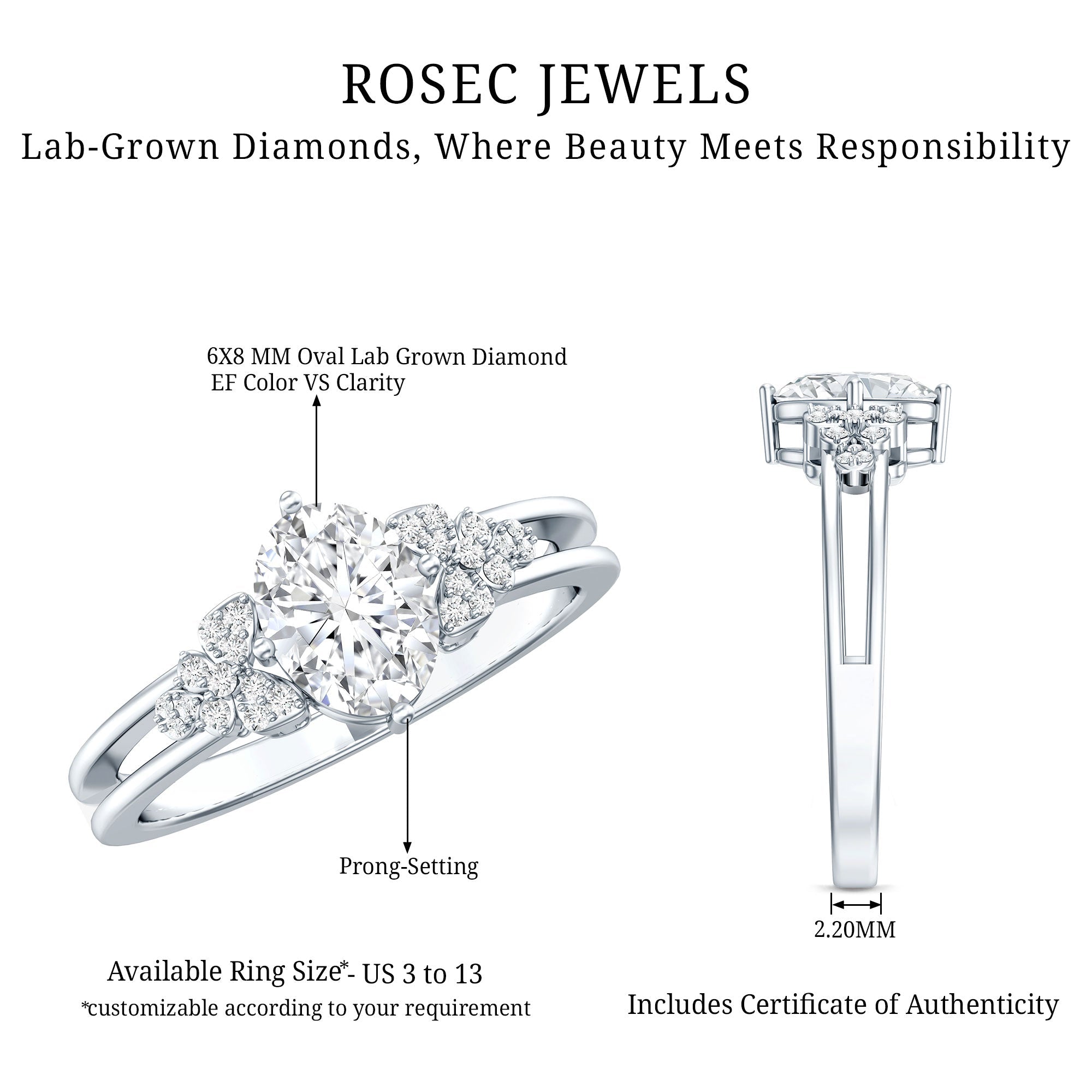 Certified 6X8MM Oval Lab Grown Diamond Designer Engagement Ring