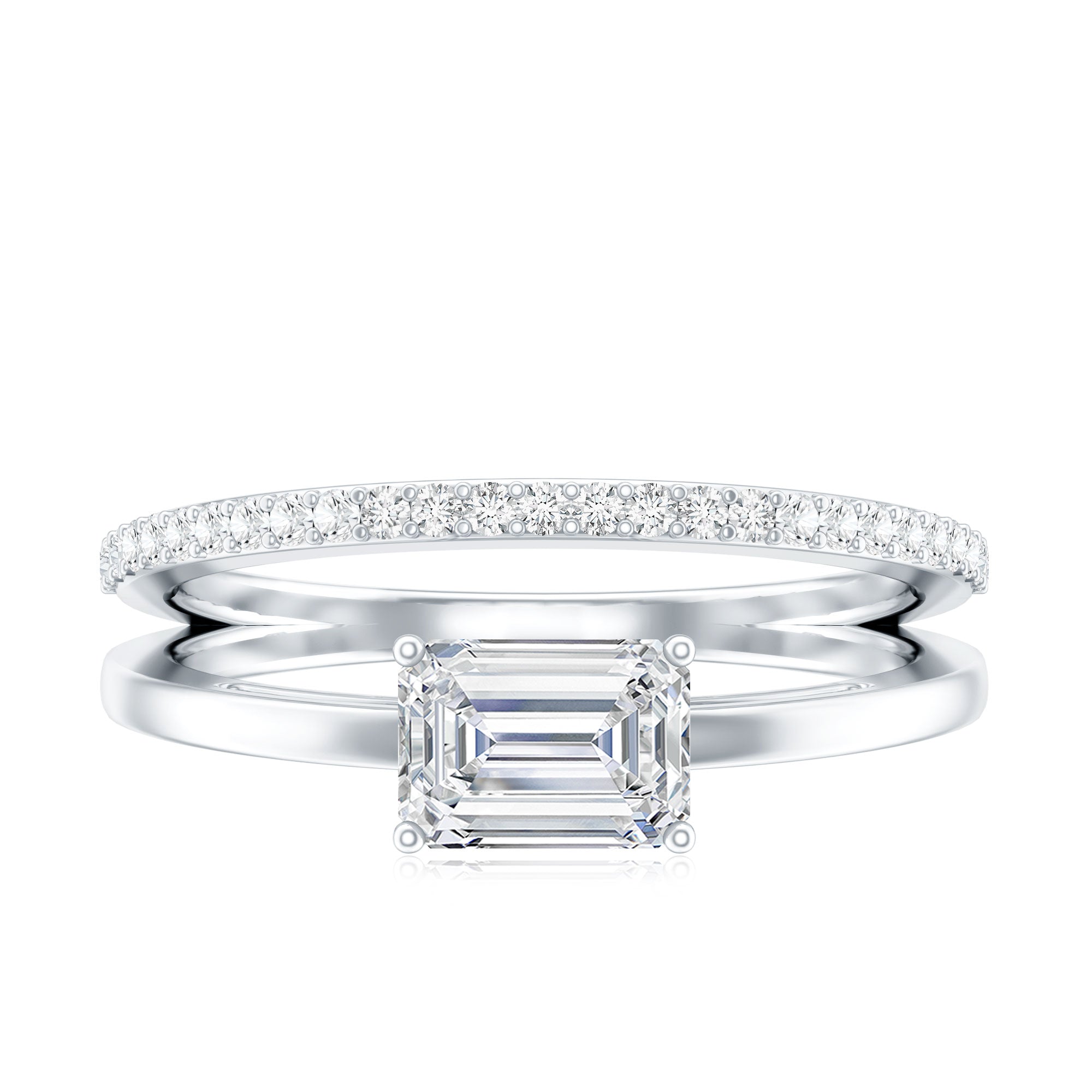Lab Grown Diamond 6X8MM Emerald Cut Engagement Ring With Diamond Studded Shank