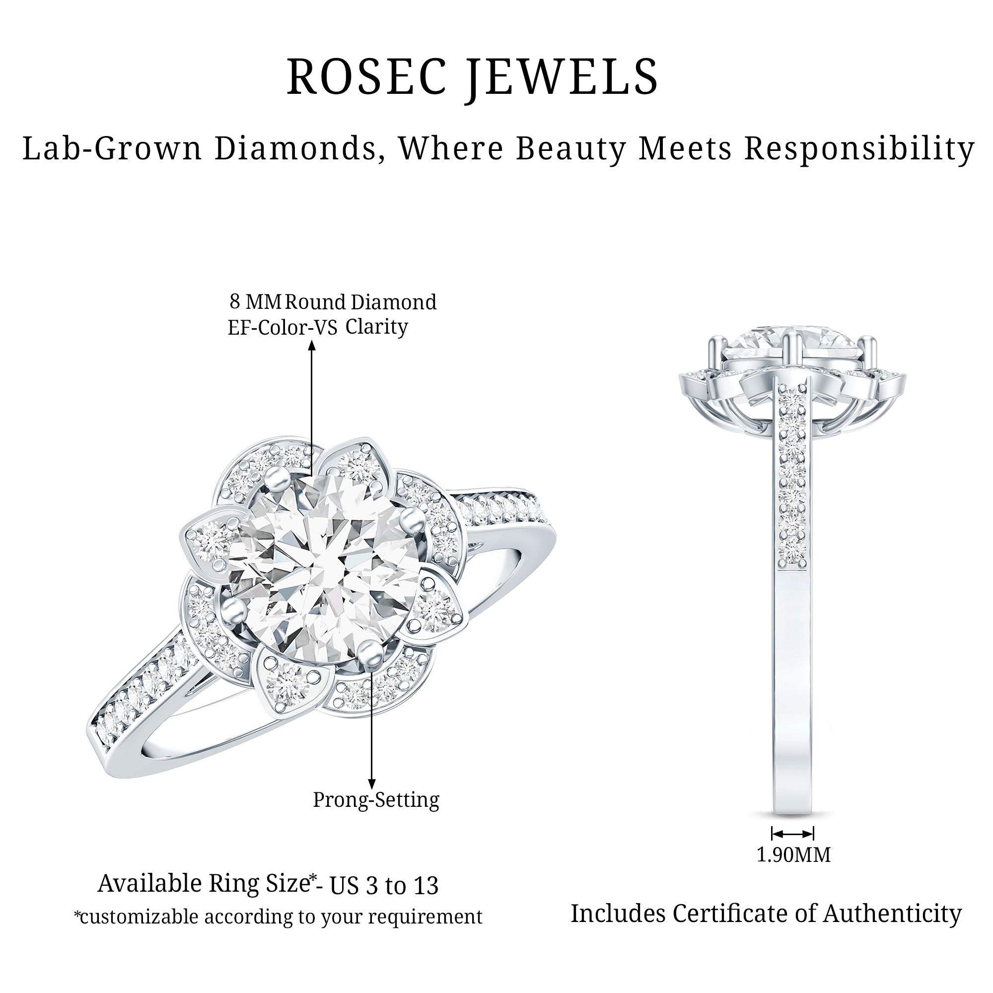 8 MM Lab Grown Diamond Vintage Engagement Ring With Diamond Studded Shank