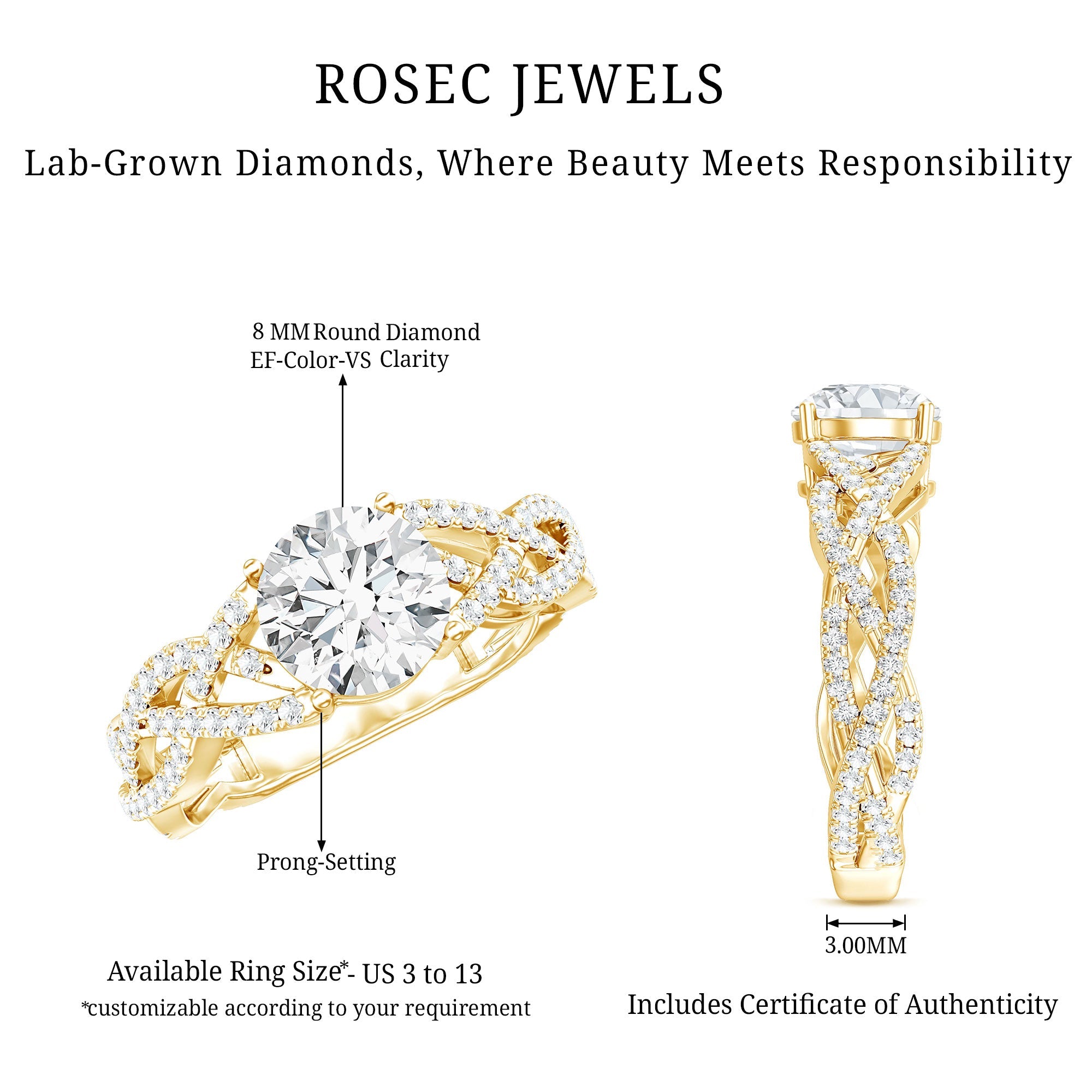 Lab Grown Diamond 8MM Round Engagement Ring With Infinity Twist