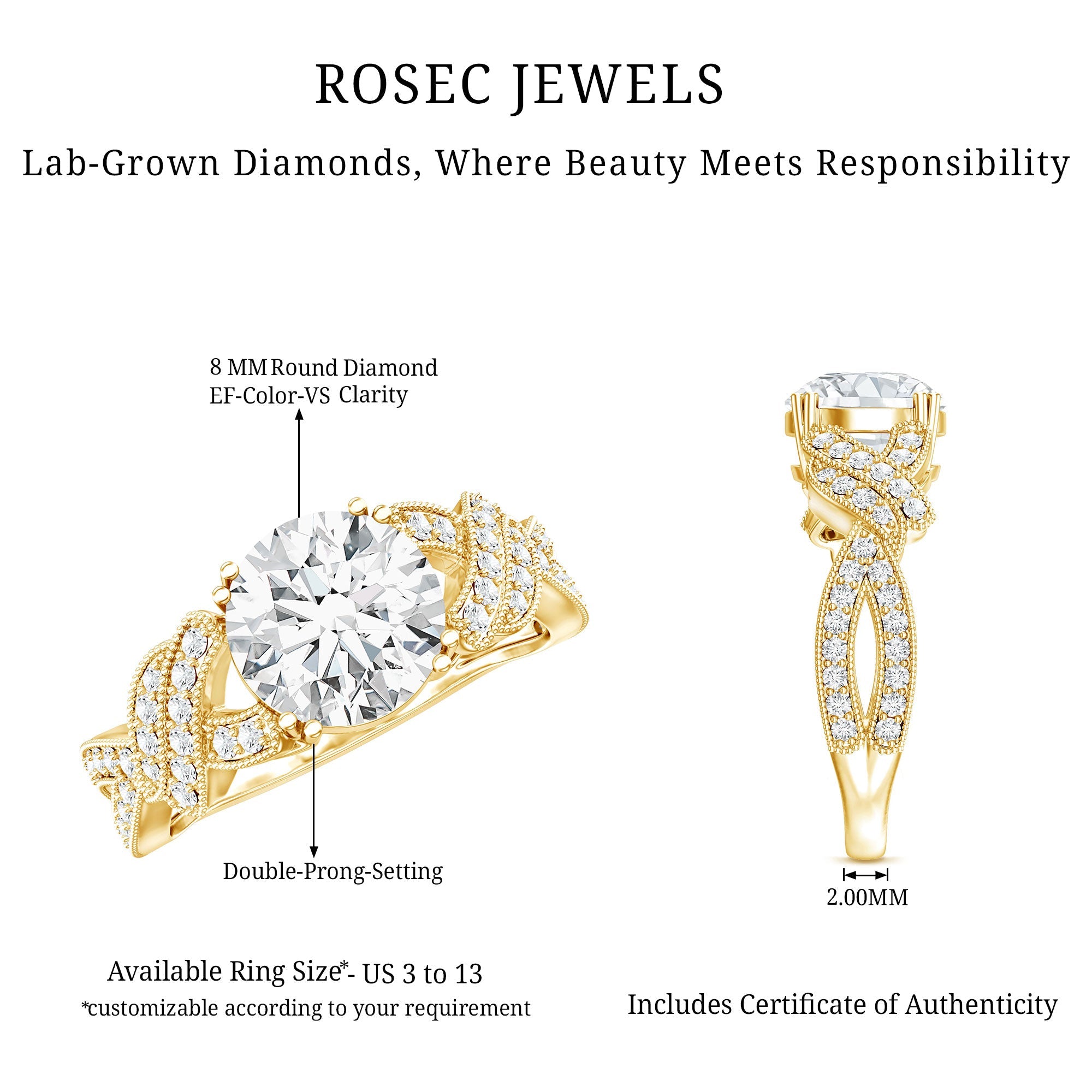 8 MM Solitaire Lab Grown Diamond Non Traditional Engagement Ring