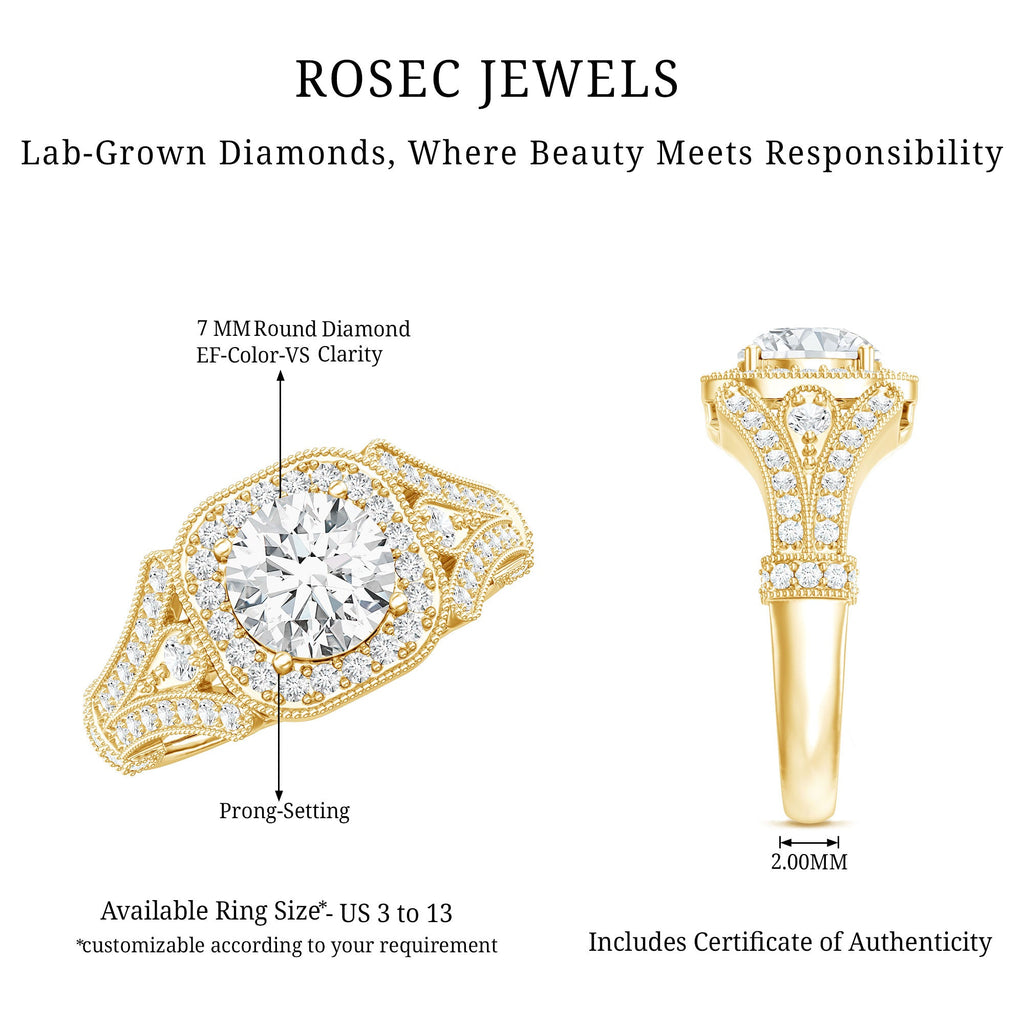 Certified 7 MM Lab Grown Diamond Vintage Style Engagement Ring
