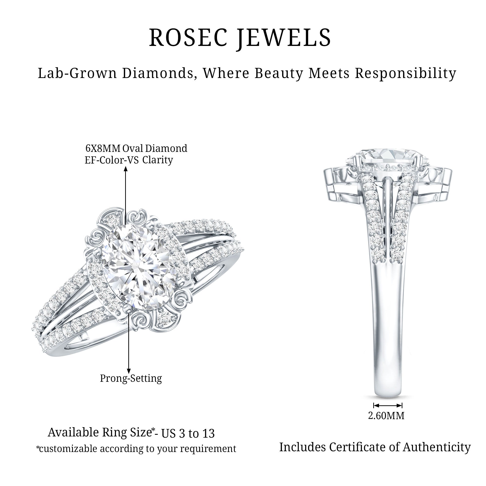 6X8 MM Oval Lab Grown Diamond Vintage Engagement Ring For Women