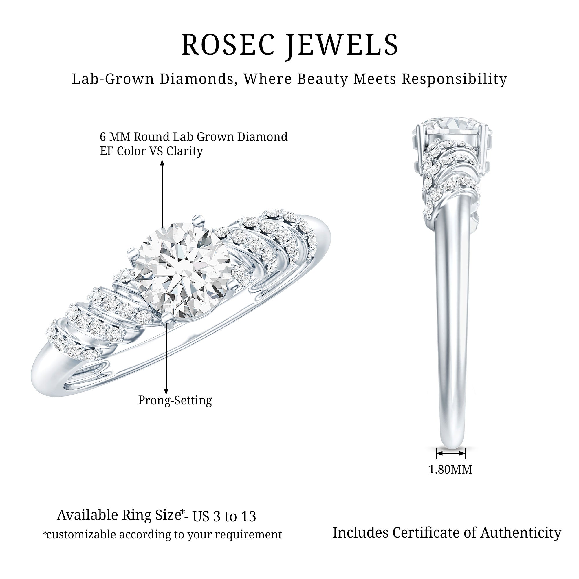 6 MM Lab Grown Diamond Designer Engagement Ring With Side Stones