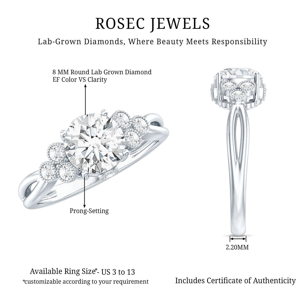 2 Carat Solitaire Lab Diamond Engagement Ring With Diamond Trio
