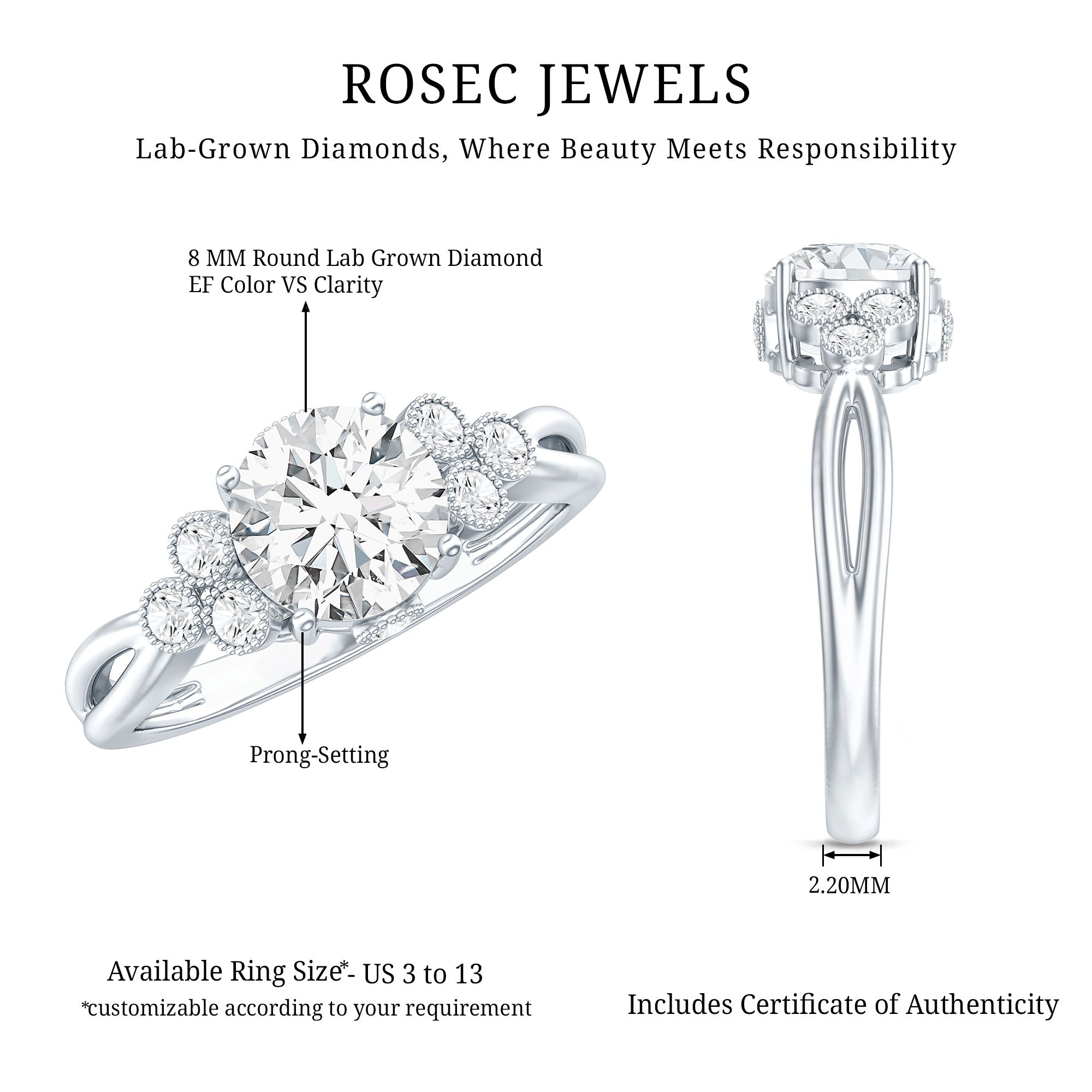 2 Carat Solitaire Lab Diamond Engagement Ring With Diamond Trio